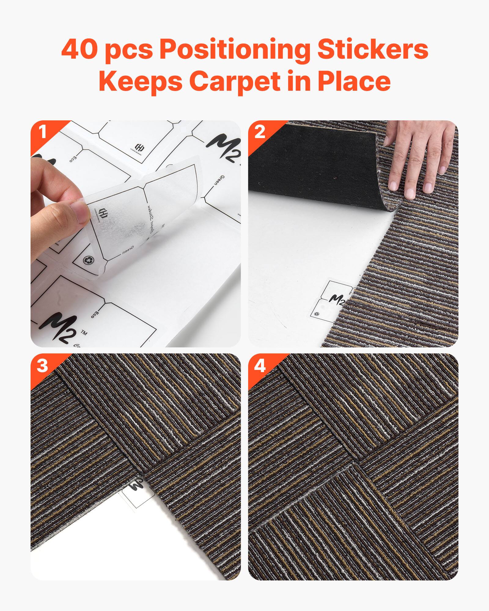 1. 40 pcs Positioning Stickers Keeps Carpet in Place

2. H) M2 uN

3. wwwiCa man Fe M2 M

4. 3 4 O M2