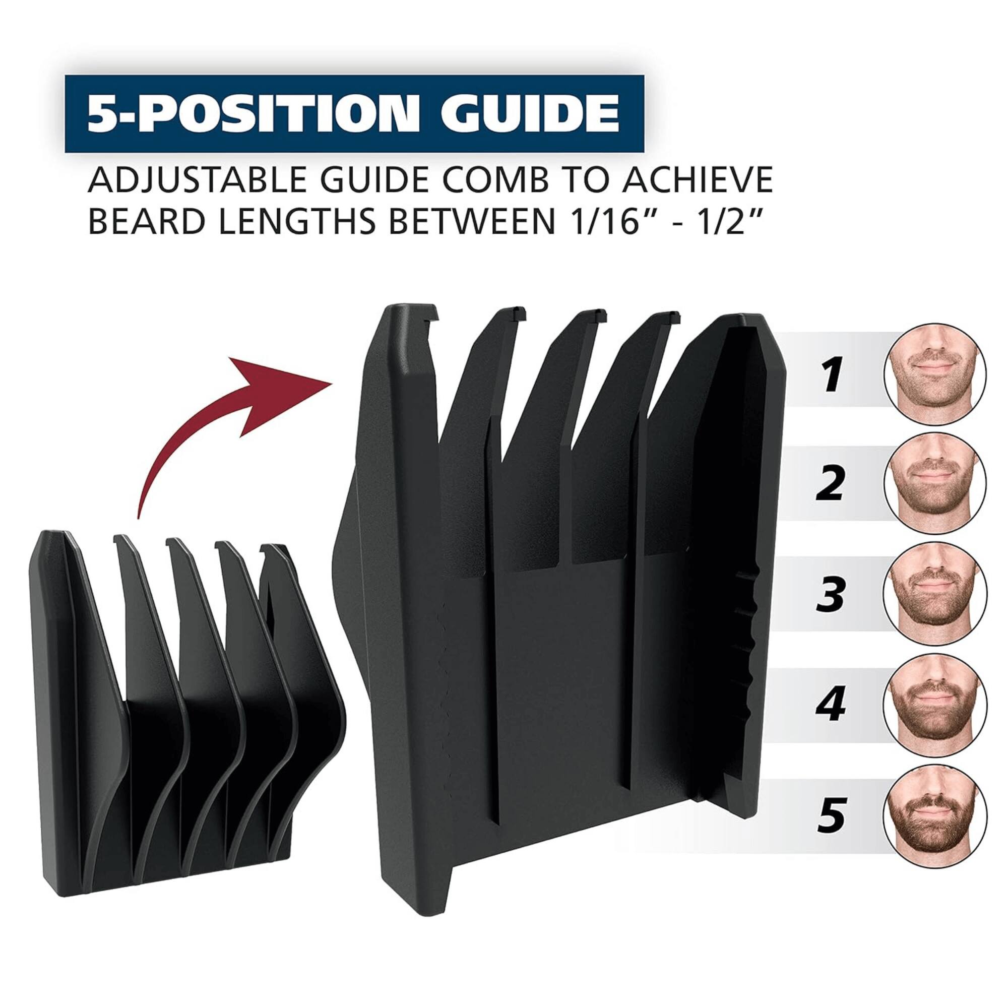 5-POSITION GUIDE ADJUSTABLE GUIDE COMB TO ACHIEVE BEARD LENGTHS BETWEEN 1/16" - 1/2" - 1 2 3 4 5