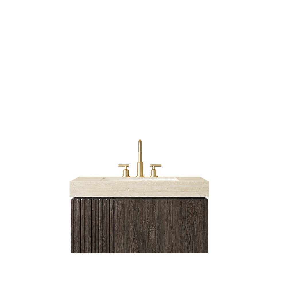 Left. JUJABU - 36" Floating Bathroom Vanity & Sink, Roma Travertine Sintered Stone Top & Ceramic Basin - Beige.