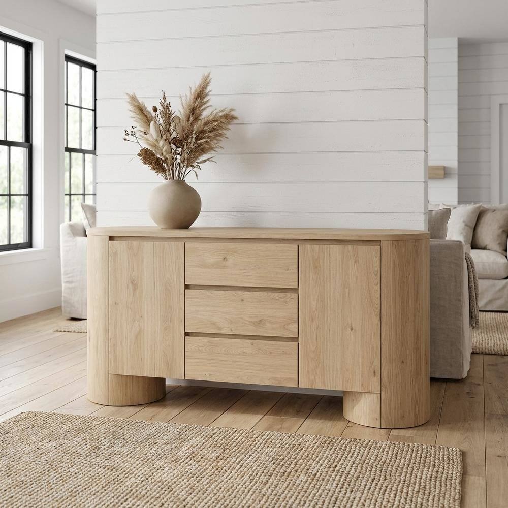 Angle. FurniFact - Rustic Rounded Sideboard Storage Cabinet With Spacious Interior, Durable Design - Brown.