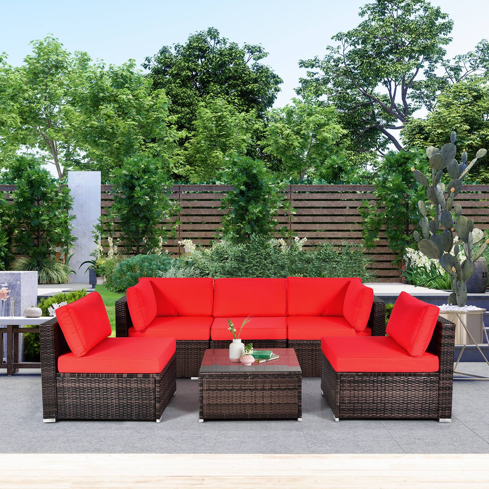 Alt View 8. Gymax - Gymax 6PCS Rattan Outdoor Sectional Sofa Set Patio Furniture Set w/ Red Cushions - Red.