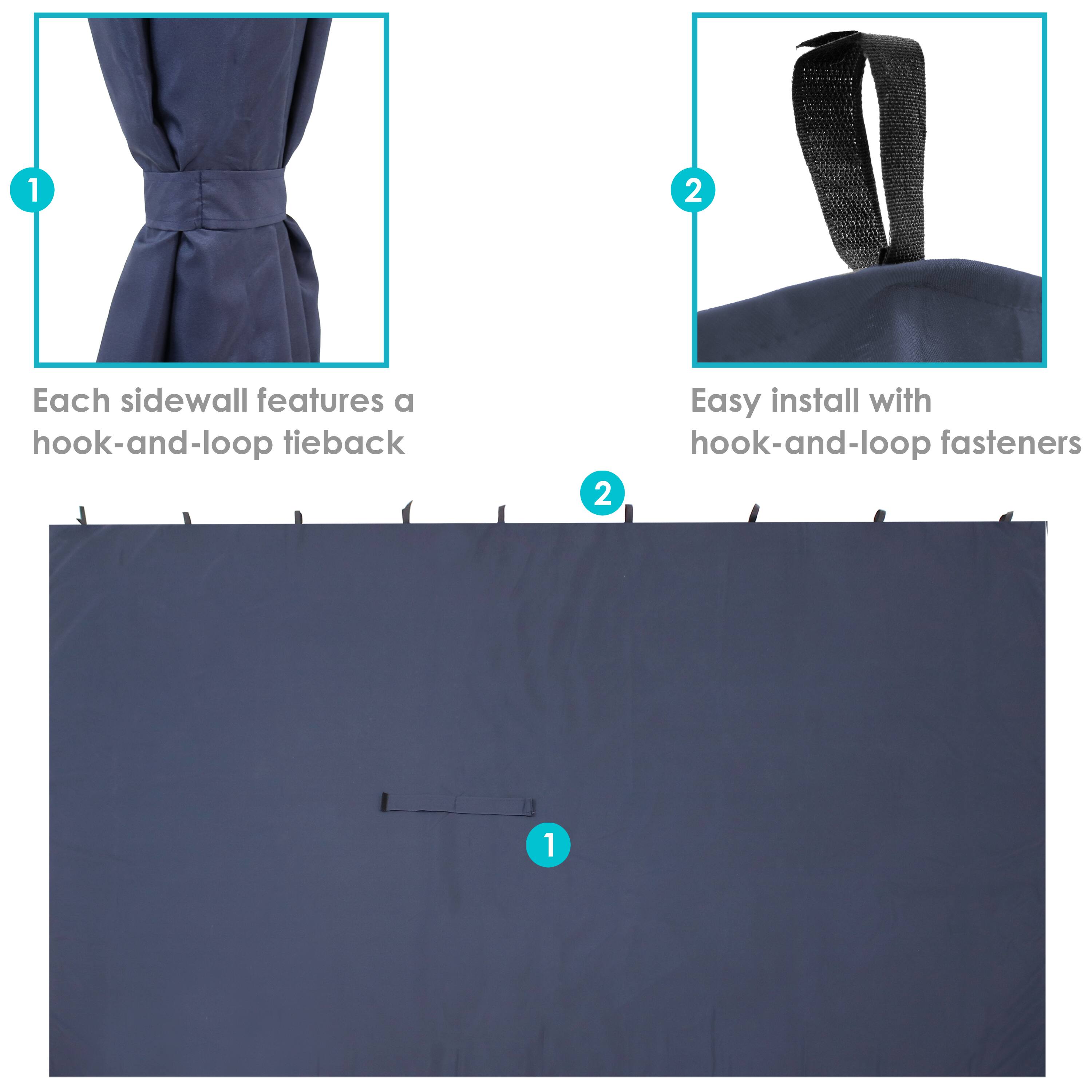 1. Each sidewall features a hook-and-loop tieback.

2. Easy install with hook-and-loop fasteners.