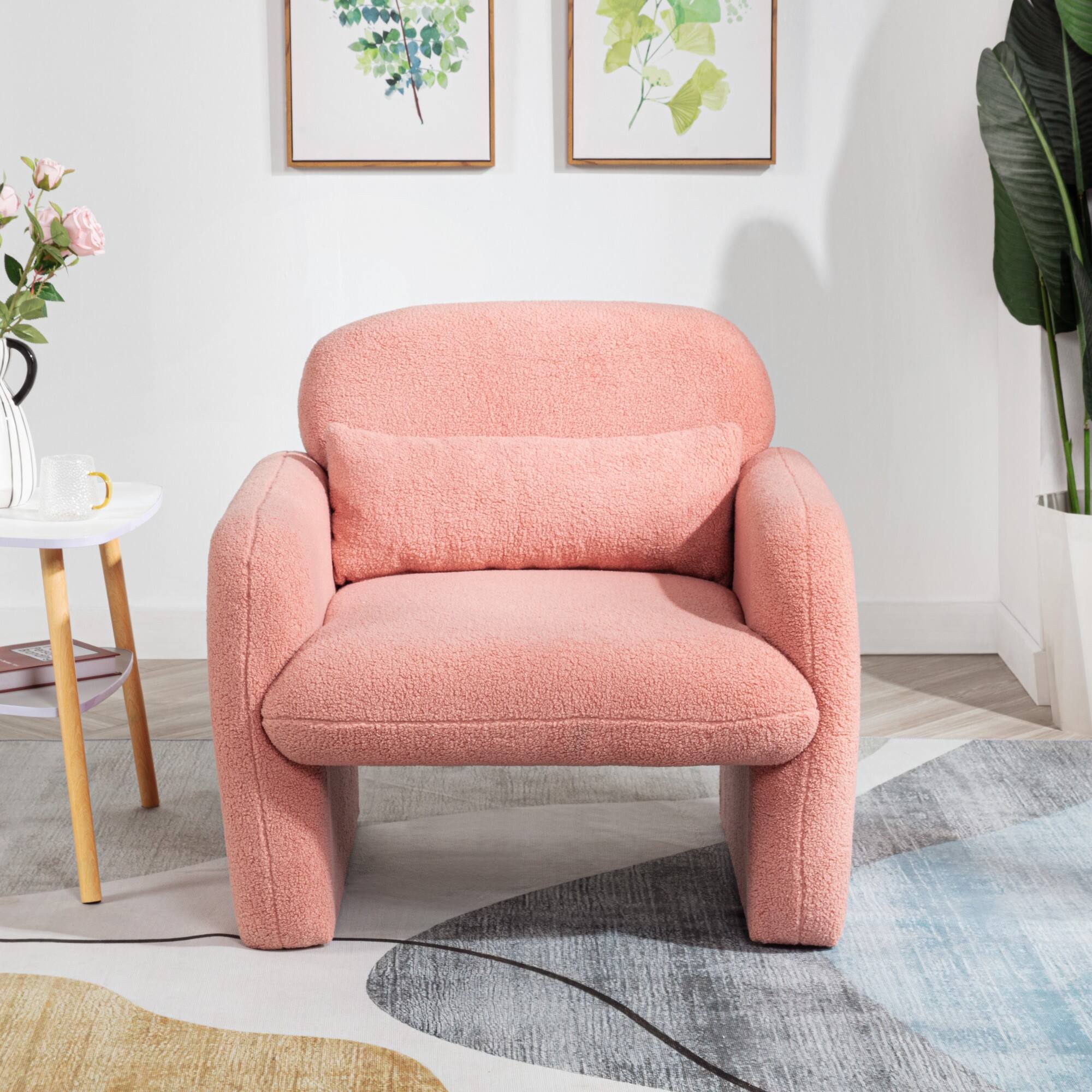 Angle. GOODSILO - Minimalist Teddy Fleece Single Sofa Chair with Arms and Pillow for Living Room, Bedroom, Study - Pink.