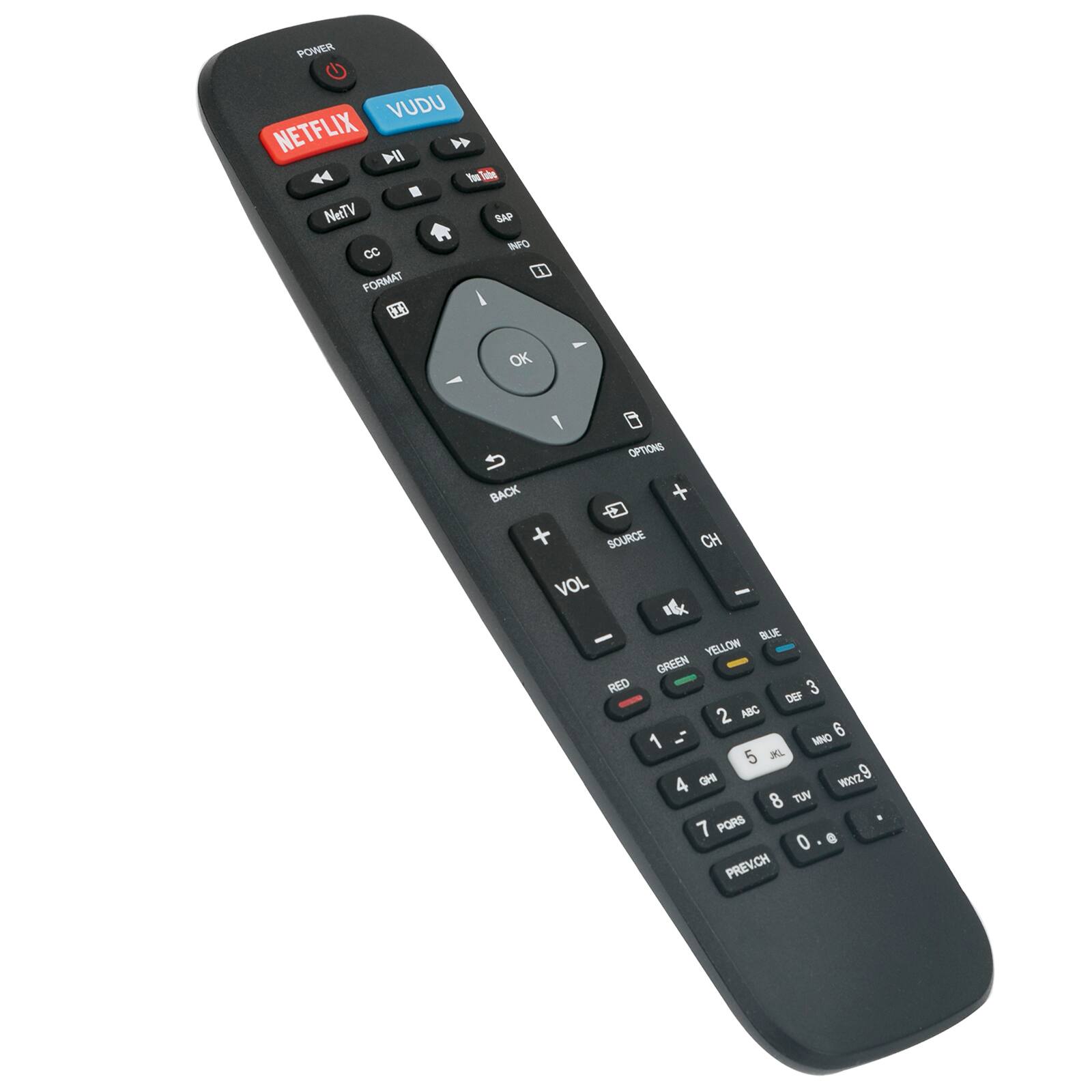 POWER VUDU NETFLIX I  Tw  . NetTV Sp Cc NO FORMAT I I 1 OK ! OPTIONS U BACK + + SOURCE CH VOL - - RED BU MOTEIA GREEN DEF 3 2 ABC - MINO 6 1 5 JL IHD 1OZ 9 4 8 TUN 7 PORS 0 e PREVCH