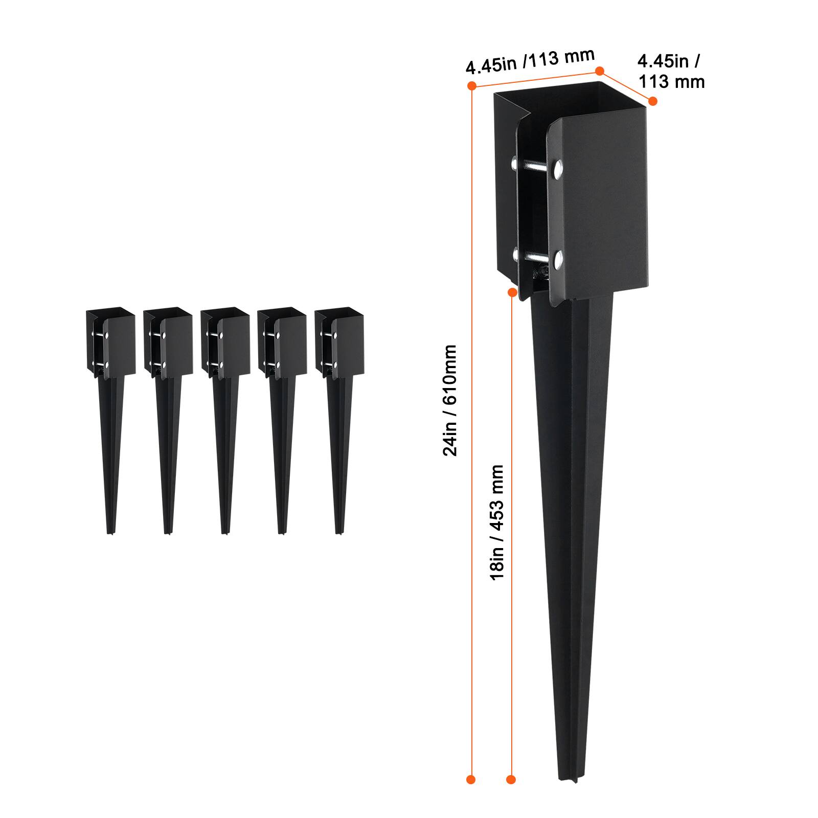 - 4.45in / 113 mm
- 4.45in / 113 mm
- 24in / 610mm
- 18in / 453 mm