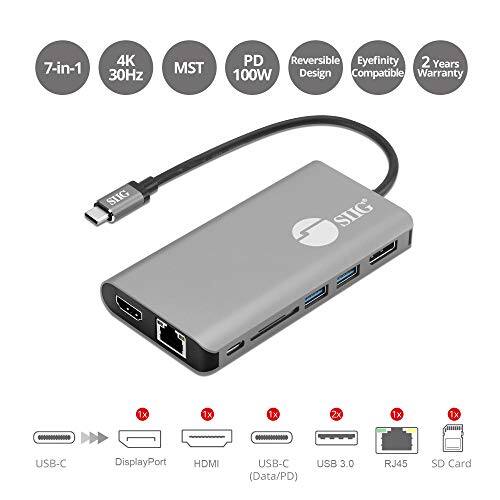 7-in-1  
4K 30Hz  
MST  
PD Reversible Eyefinity  
2 Years Warranty  
100W Design Compatible  

SUG  
SUG  

1x  
1X  
1x  
2x  
1x  
1X  

USB-C  
DisplayPort  
HDMI  
USB-C USB 3.0 (Data/PD)  
RJ45  
SD Card