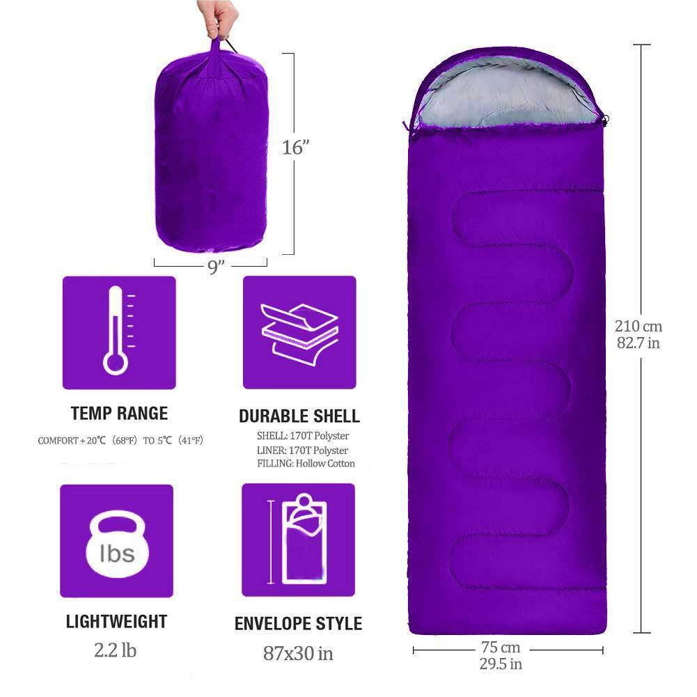 - **Dimensions:**
  - 16" x 9"
  - 210 cm (82.7 in) in length
  - 75 cm (29.5 in) in width

- **Temp Range:**
  - Comfort Temp: 20°C (68°F)
  - Range to 5°C (41°F)

- **Durable Shell:**
  - Shell: 170T Polyester
  - Liner: 170T Polyester
  - Filling: Hollow Cotton

- **Lightweight:**
  - 2.2 lb

- **Envelope Style:**
  - 87x30 in