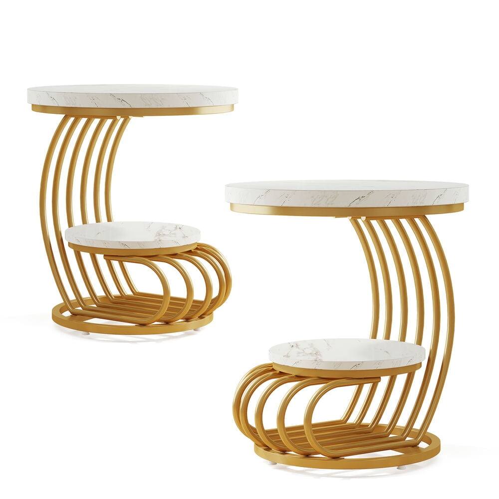 Back. Kadyn - Kadyn Sofa Side End Table, Round Couch Table, 2 Tiers Faux Marble Side Table with Storage Shelf,White & Gold - White.
