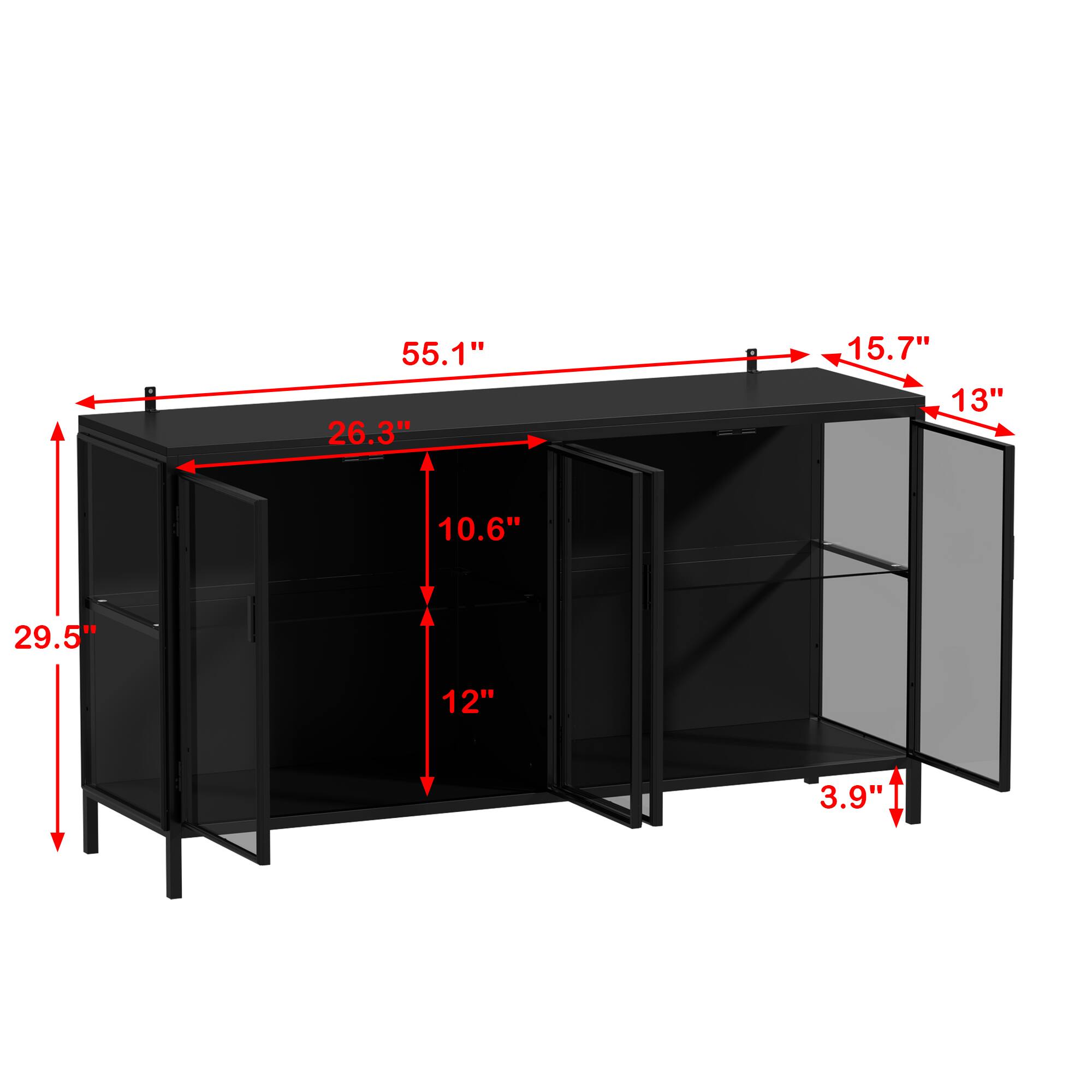 Width: 55.1"
Height: 29.5"
Depth: 26.3"
Shelf height: 10.6"
Shelf width: 12"
Glass door height: 15.7"
Glass door width: 13"
Leg height: 3.9"