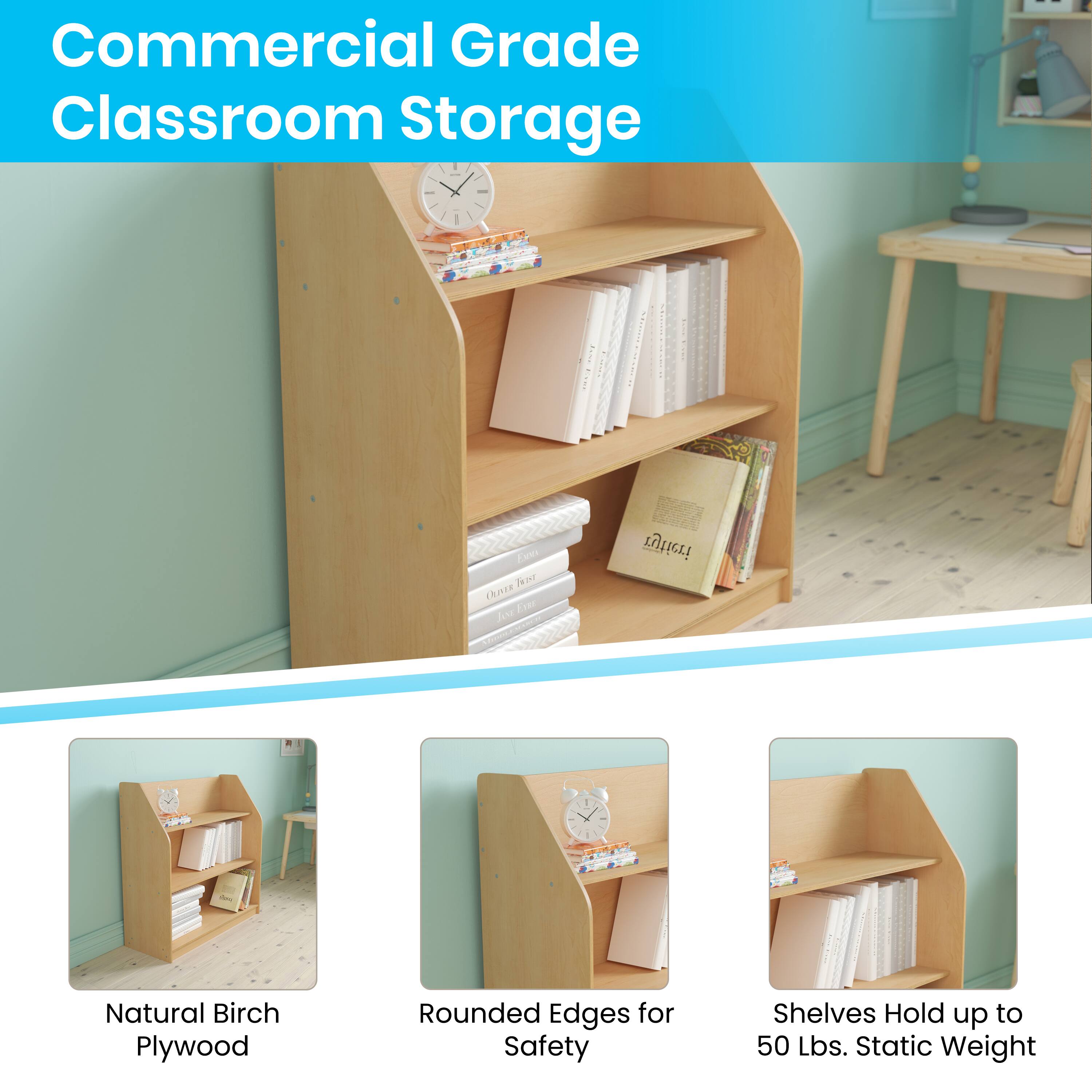 Commercial Grade Classroom Storage

- Natural Birch Plywood
- Rounded Edges for Safety
- Shelves Hold up to 50 Lbs. Static Weight