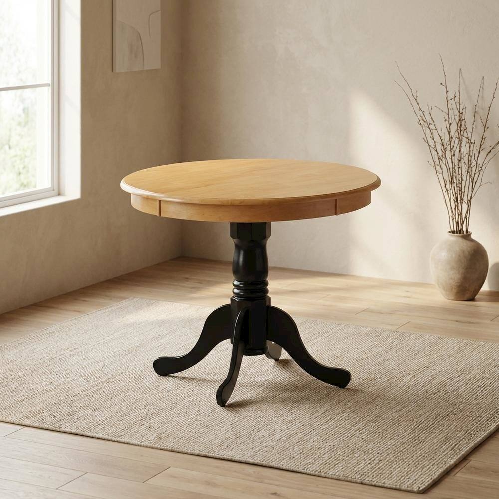 Alt View 4. FurniFact - Oak Black Round Pedestal Dining Table - Oak & Black.