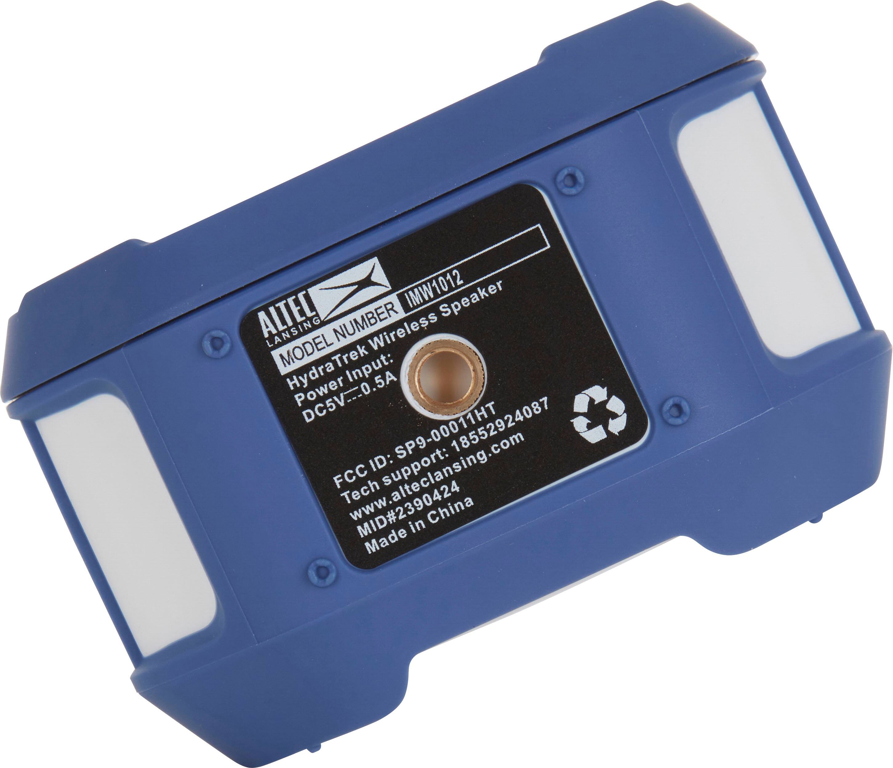 The text on the image reads: "IMW1012 Speaker ALTEC LANSING NUMBER Wireless MODEL HydraTrek Input: Power DC5V-0.5A SP9-00011HT 18552924087 ID: support: FCC Tech [www.alteclansing.com](http://www.alteclansing.com) [www.madeinchina.com](http://www.madeinchina.com) MID#2390424 China Made."