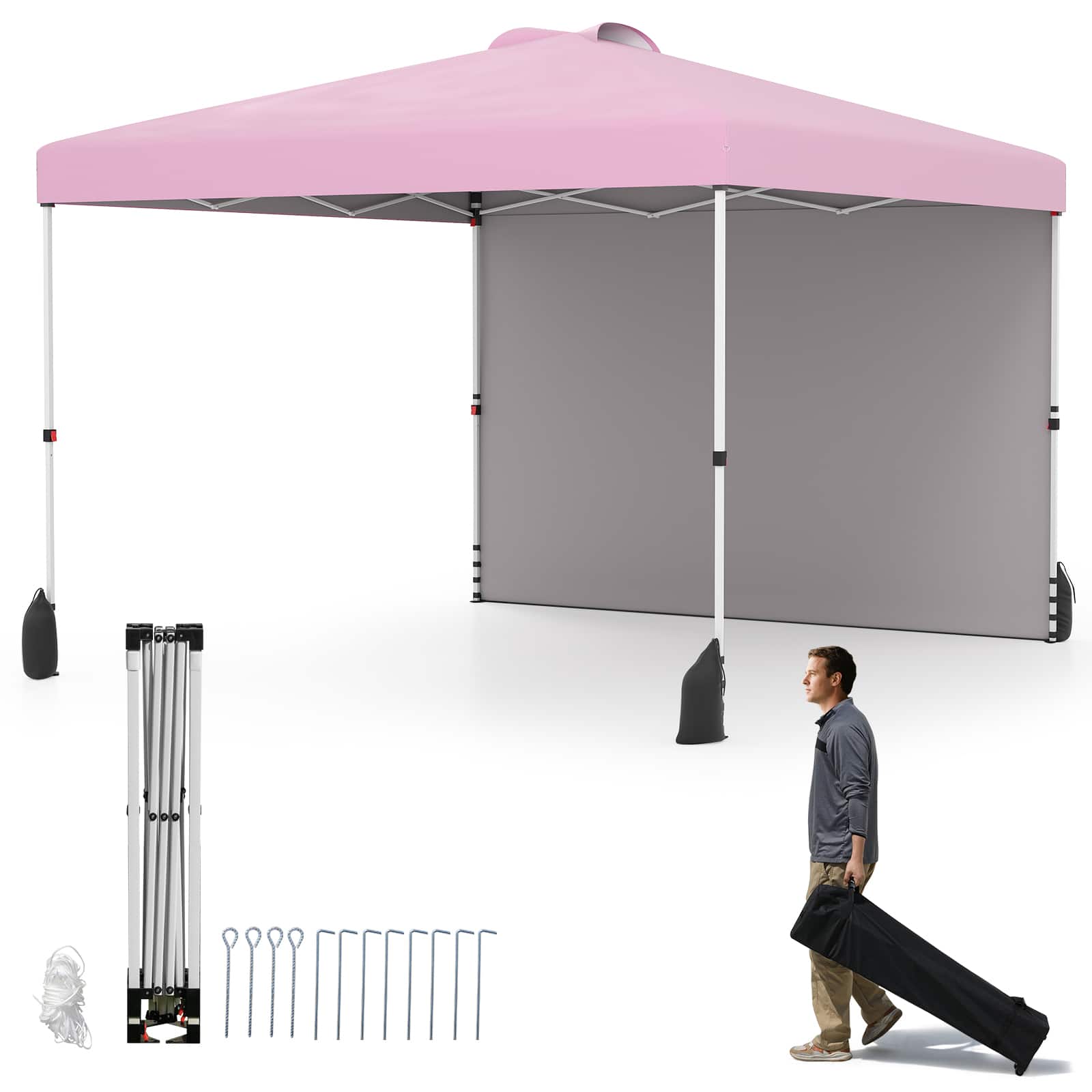 Gymax - 10 X 10 FT Pop up Canopy Tent w/ 1 Sidewall Wheeled Bag 8 Stakes & 4 Wind Ropes - Pink price history on PriceWatchPro