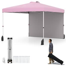 Gymax - 10 X 10 FT Pop up Canopy Tent w/ 1 Sidewall Wheeled Bag 8 Stakes & 4 Wind Ropes - Pink