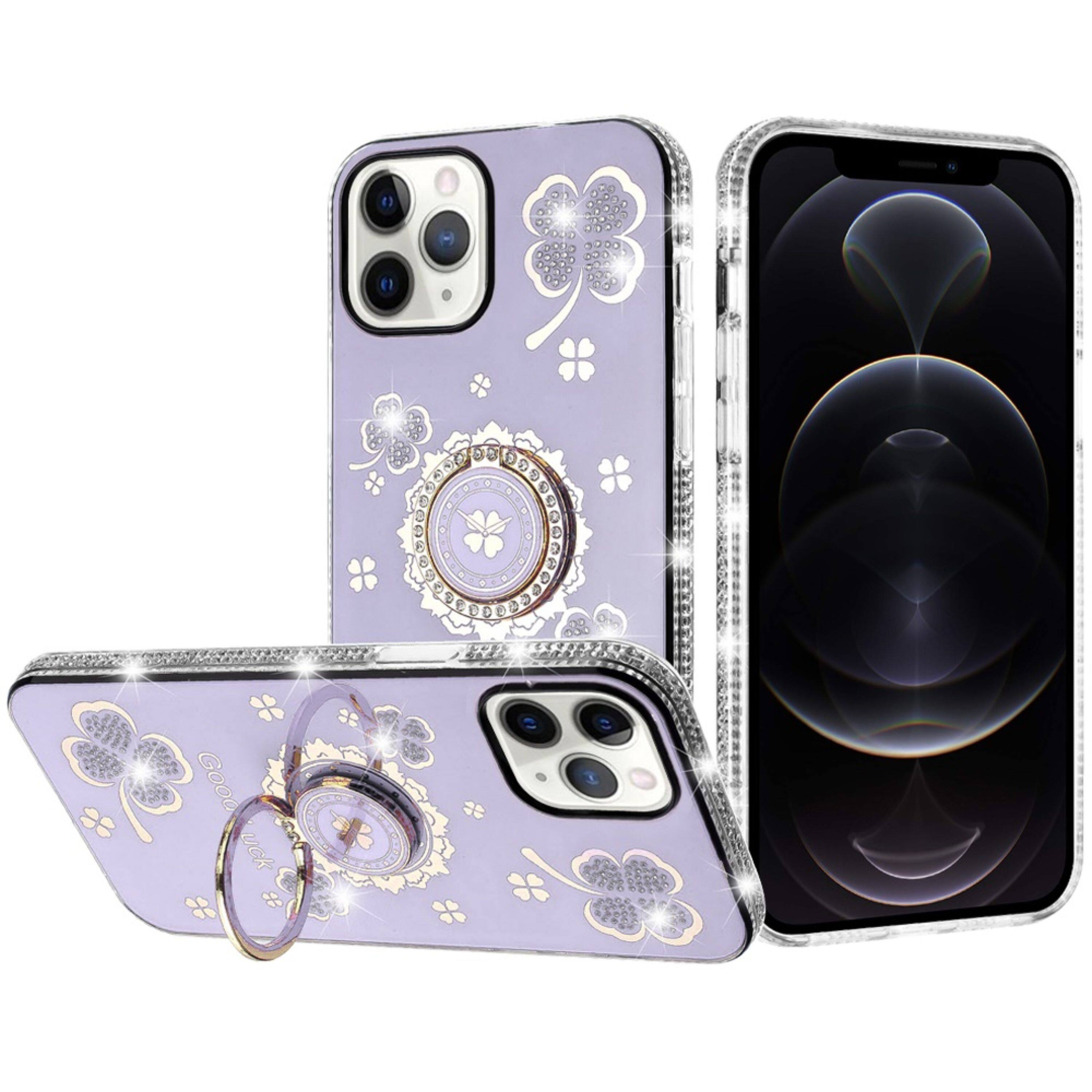 Front. Kitcheniva - Elegant Crystal Bling Rotating Ring Stand Case With Tempered Glass For iPhone 12 Pro Max Purple - Purple.