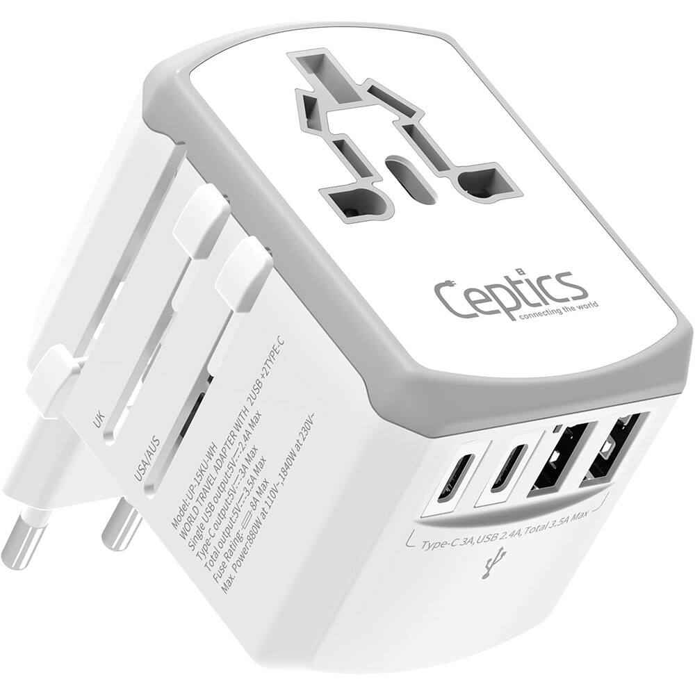 Sure, here is the corrected and grouped text from the image:

---

**Ceptics**  
connecting the world

**Model:** WORLD USB TRAVEL ADAPTER  
**Input:** 100-240V~ 50/60Hz 1.5A  
**Output:**  
- Single Type-C: 5V/3A  
- USB 2.4A: 5V/2.4A  
- Total Output: 5V/3.5A  
**Fuse:** 3A  
**Power Rating:** 880W  
**Type-C 3A, USB 2.4A, Total 3.5A**  
**Max Output:** 1800W  
**Max Current:** 3.5A  
**Max Voltage:** 230V  
**Max Adapter:** 4A  
**Output:** 5V/3.5A  
**Total Output:** 5V/3.5A  
**Type-C 3A, USB 2.4A, Total 3.5A**  
**Max Output:** 1800W  
**Max Current:** 3.5A  
**Max Voltage
