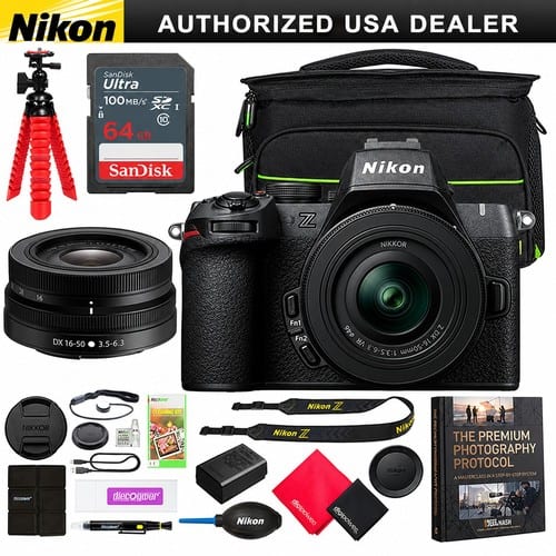 Nikon AUTHORIZED USA DEALER

SanDisk Ultra 100 MB/s 64 GB

Nikon Z

NIKKOR DX 16-50 3.5-6.3

DX VR 16-50mm 1:3.5-6.3

NIKKOR

diecogmer

Nikon Z Nikon Z Nikon digipower gapoisen

Nike THE PREMIUM PHOTOGRAPHY PROTOCOL Nikon DEEE NASH