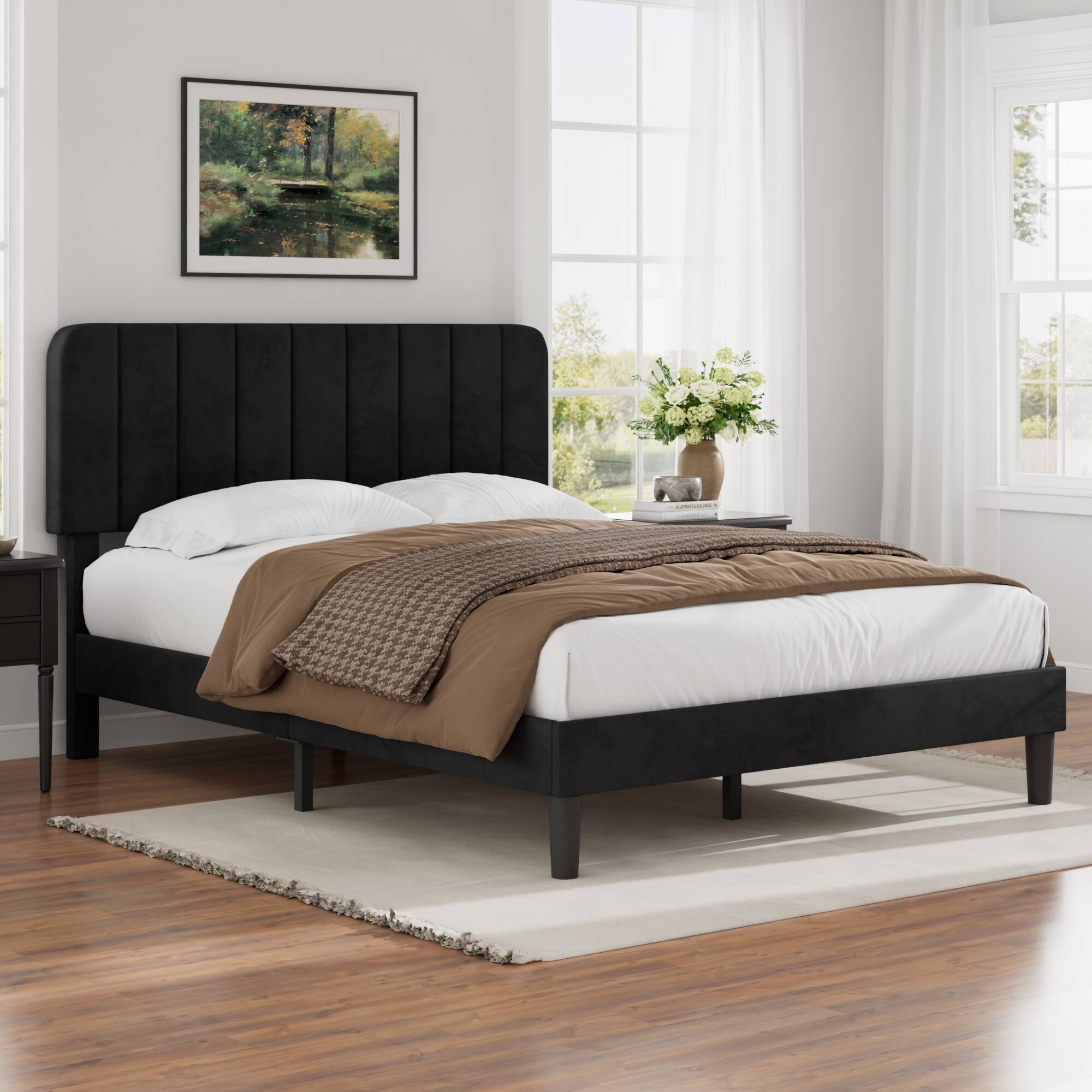 Alt View 2. Vecelo - Queen Bed Frame w/ Padded Headboard & Platform, Reinforced Wood Slats - No Box Spring, Velvet Dark Blue - Easy Assembly - Black.