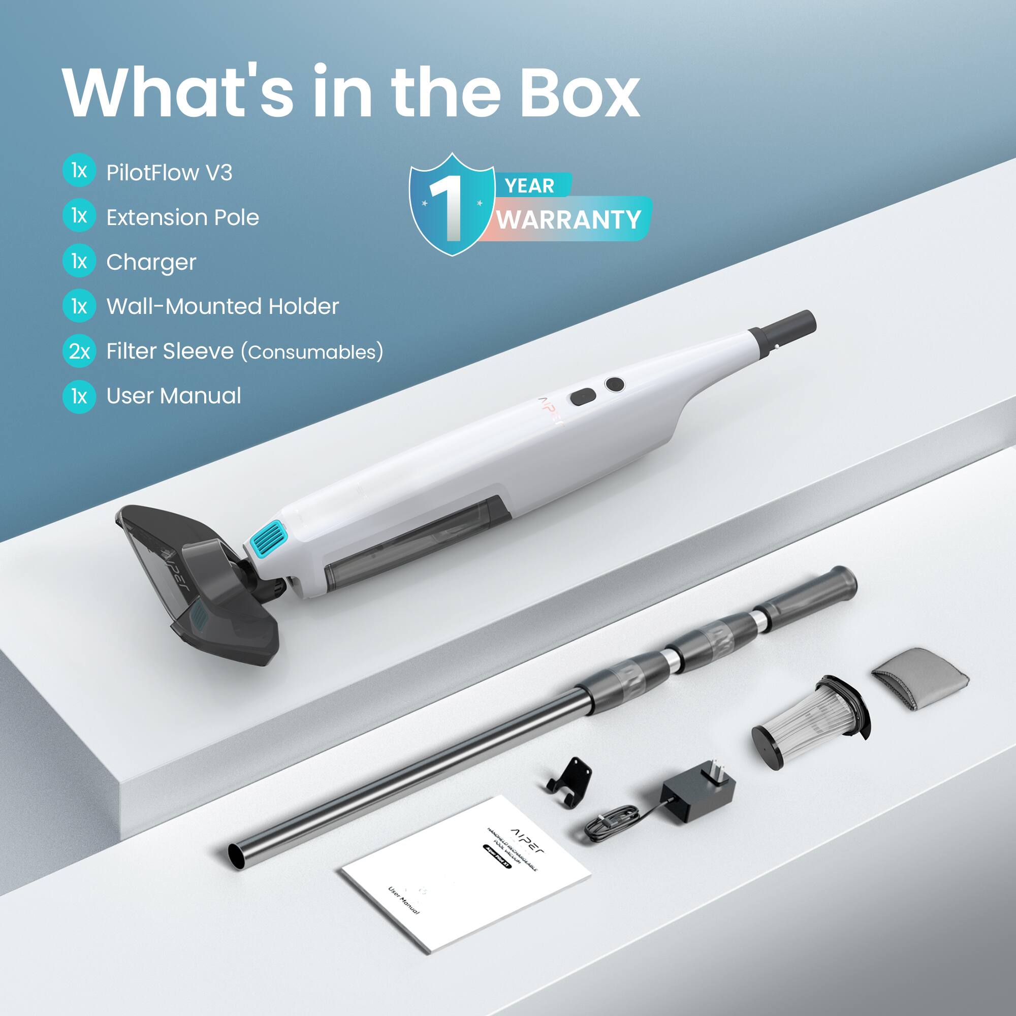 What's in the Box

1x PilotFlow V3  
1x Extension Pole  
1x Charger  
1x Wall-Mounted Holder  
2x Filter Sleeve (Consumables)  
1x User Manual  

1 YEAR WARRANTY
