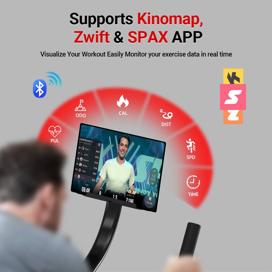 Supports Kinomap, Zwift & SPAX APP

Visualize Your Workout Easily Monitor your exercise data in real time

- ODO
- CAL
- DIST
- PUL
- SPD
- TIME