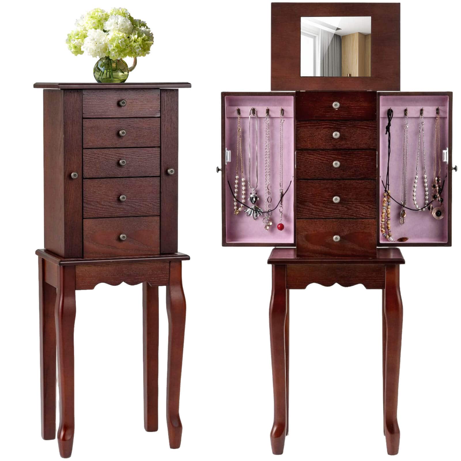 Costway - Jewelry Cabinet with Mirror Armoire Storage Chest Stand Organizer Christmas - Brown