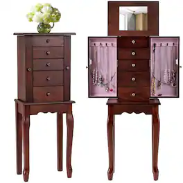 Costway - Jewelry Cabinet with Mirror Armoire Storage Chest Stand Organizer Christmas - Brown