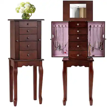 Front. Costway - Costway Jewelry Cabinet with Mirror Armoire Storage Chest Stand Organizer Christmas - Brown.