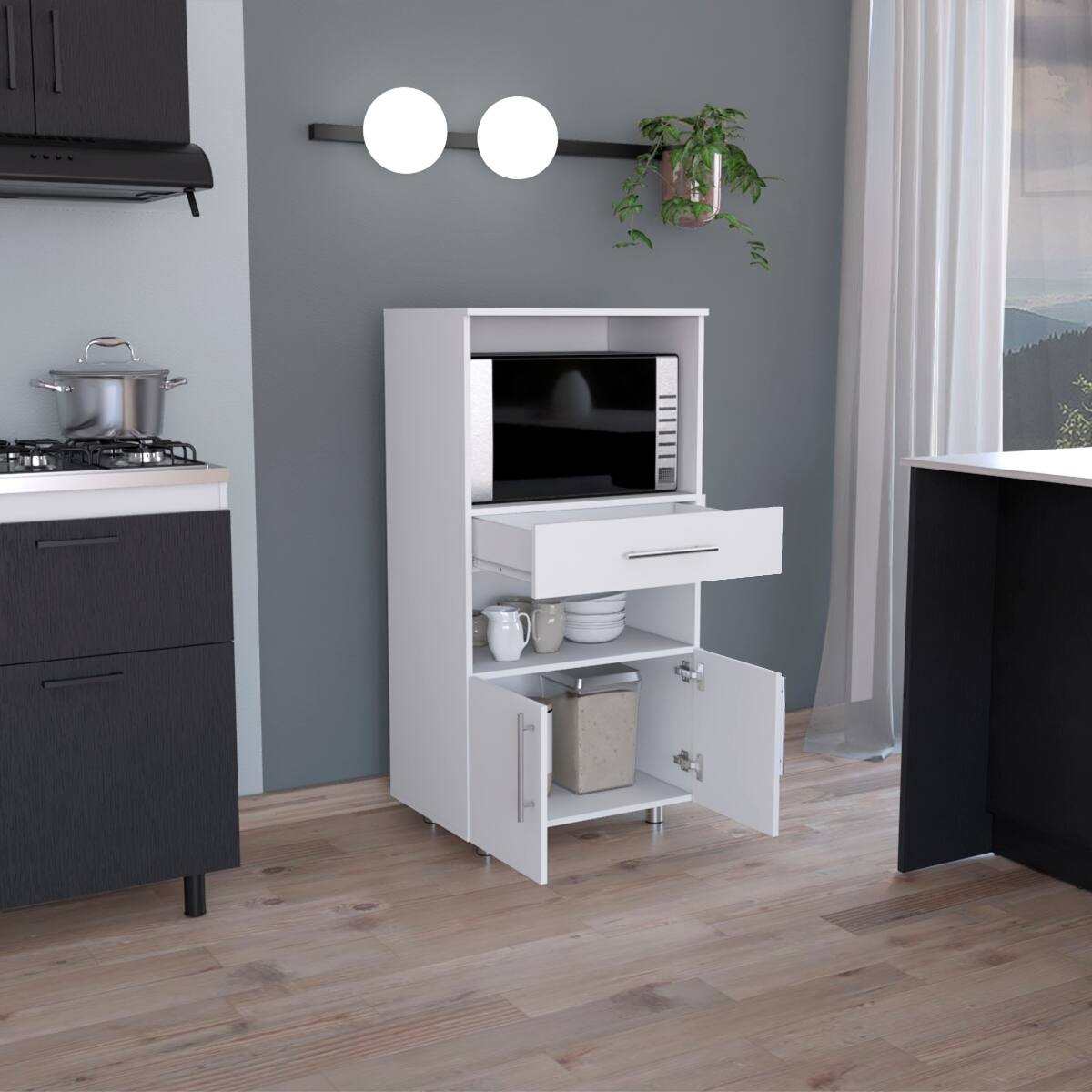 Left. Loheer - Loheer White Kitchen Pantry Cabinet 48 Inch Freestanding Microwave Stand with Storage - White.