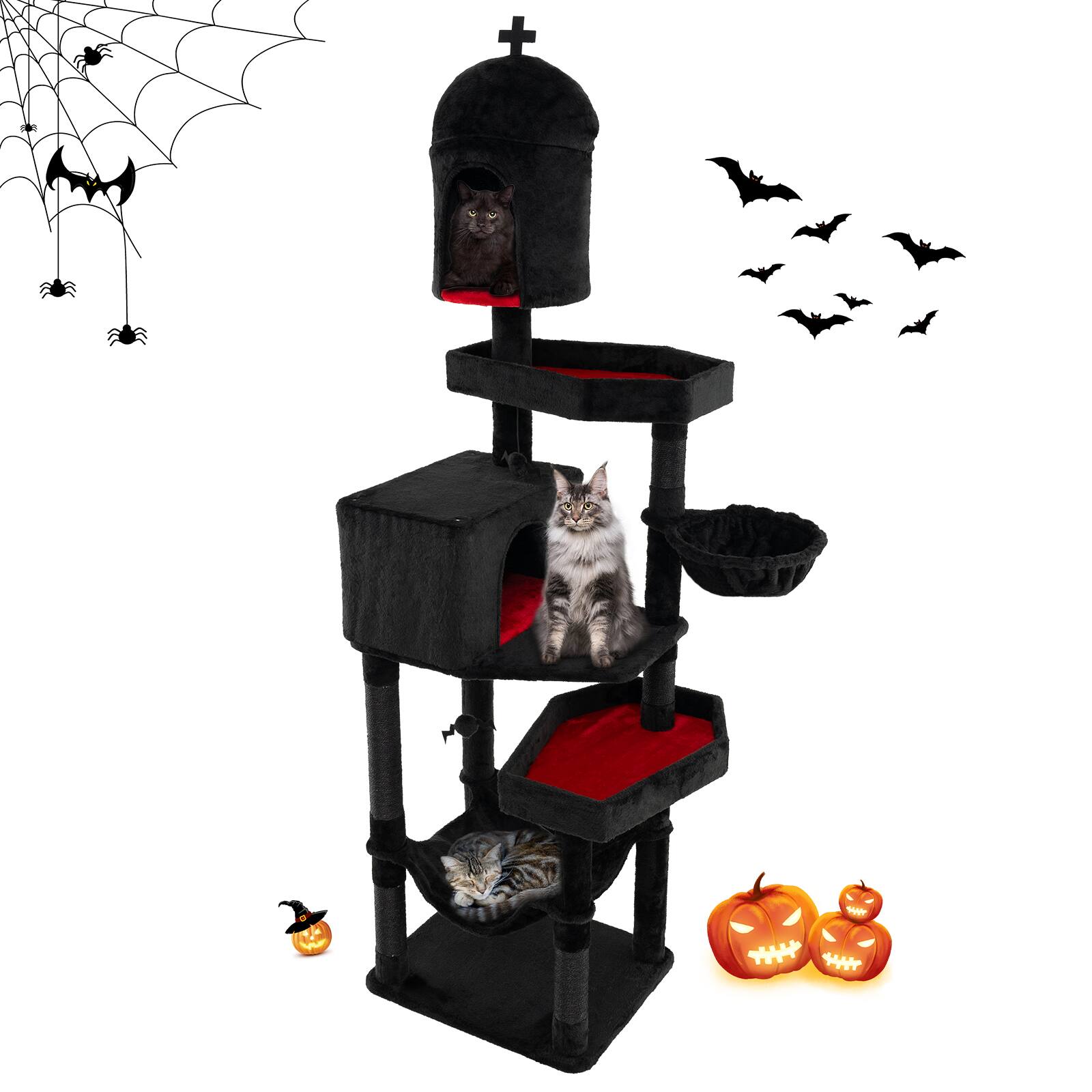 Costway - Gothic Cat Tree w/ Sisal Covered Scratching Posts Stylish Cat Furniture for Indoor Cats - Black,Red