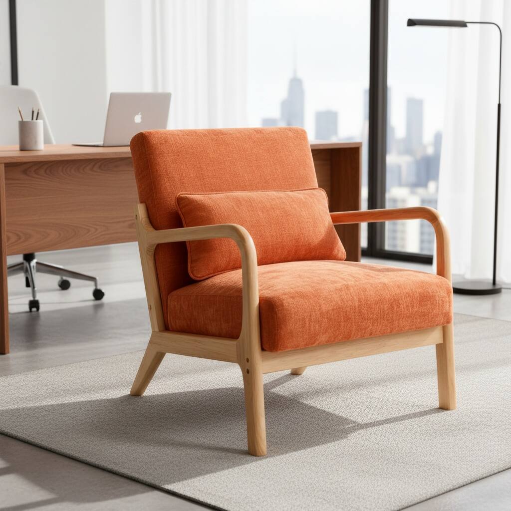 Alt View 5. Forest'nSky - Natural  Wood Mid Century Modern Office Chair with Solid Wood Frame & Lumbar Pillow with Orange Cushion - Orange.