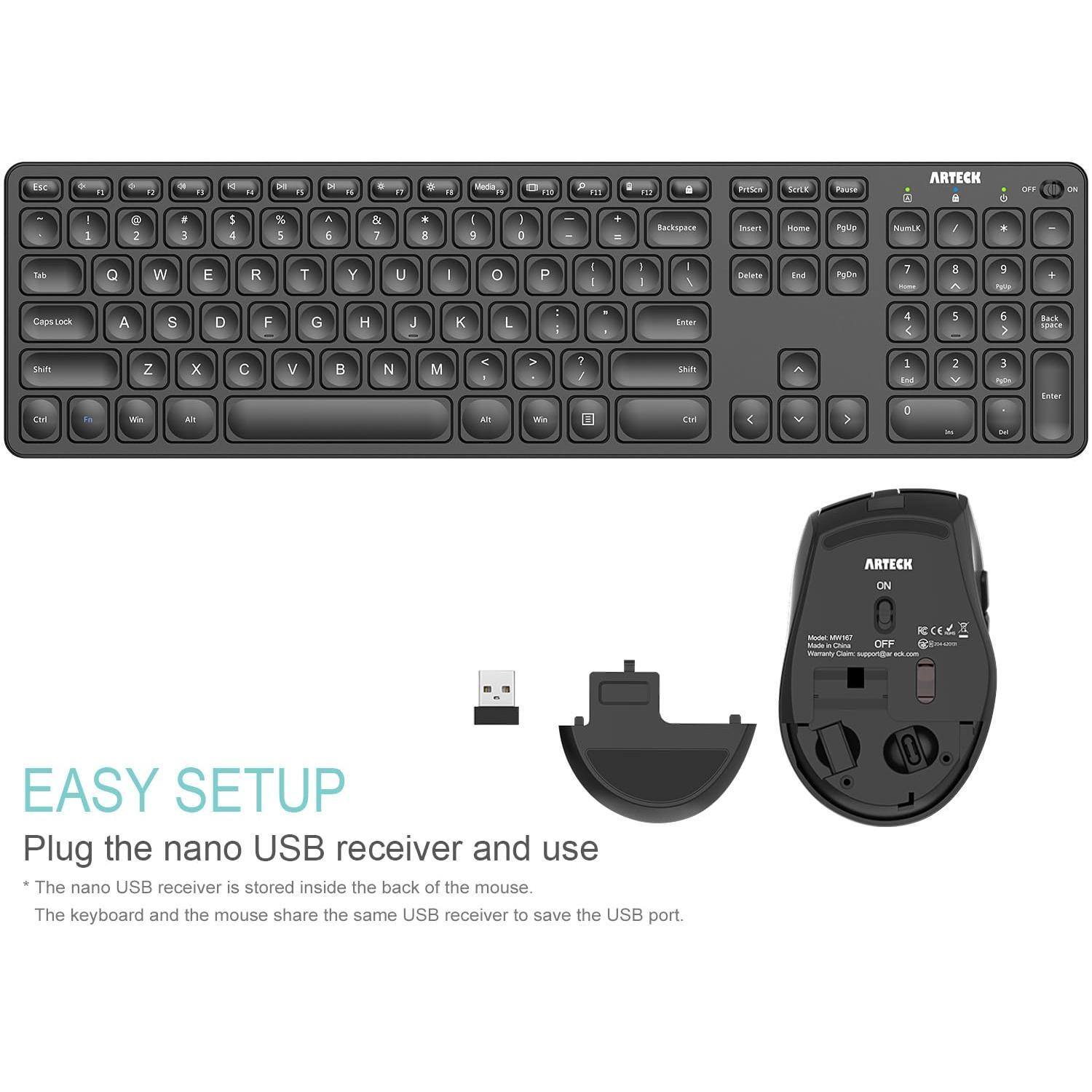 EASY SETUP

Plug the nano USB receiver and use

* The nano USB receiver is stored inside the back of the mouse.
The keyboard and the mouse share the same USB receiver to save the USB port.