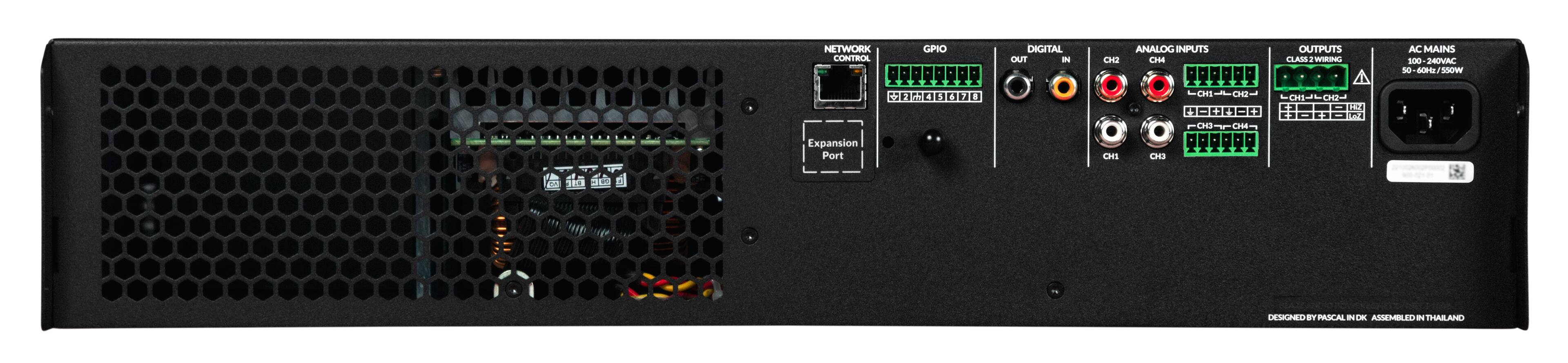NETWORK CONTROL  
GPIO  
DIGITAL  
OUT  
IN  
ANALOG  
INPUTS  
OUTPUTS  
CH1  
CH2  
CH3  
CH4  
Expansion Port  
AC MAINS  
100-240VAC  
50-60Hz/500W  
CLASS 2 WIRING  
DESIGNED BY PASCAL IN DK  
ASSEMBLED IN THAILAND