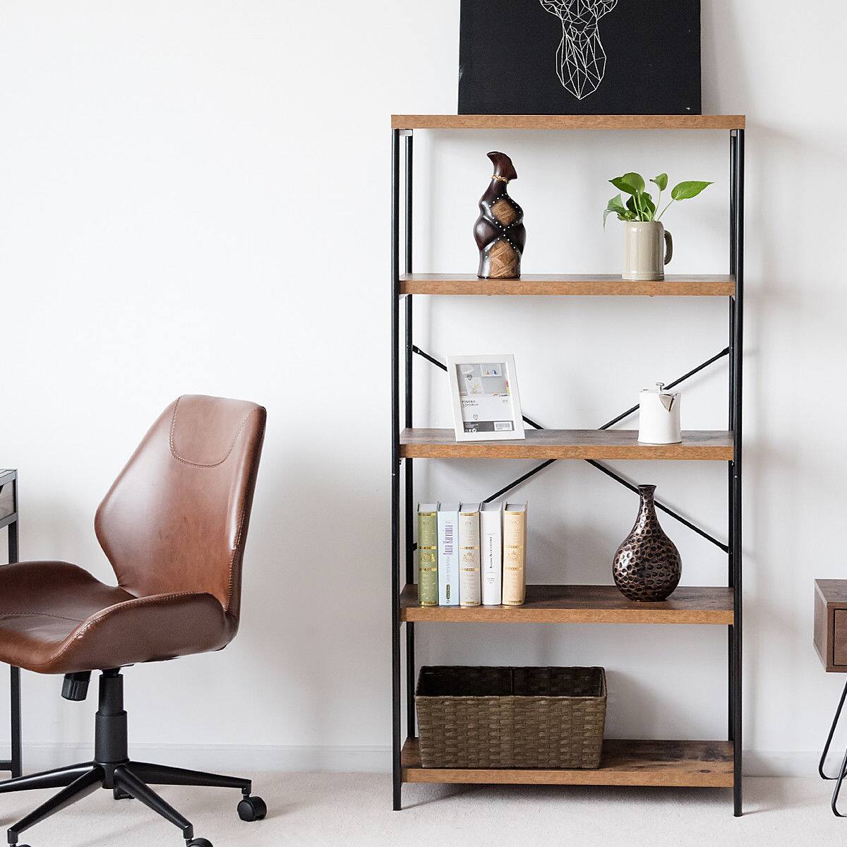 Left. Costway - 5-Tier Bookshelf, Industrial Etagere Bookcase, Rustic Display Shelf Organizer - Black + Brown.