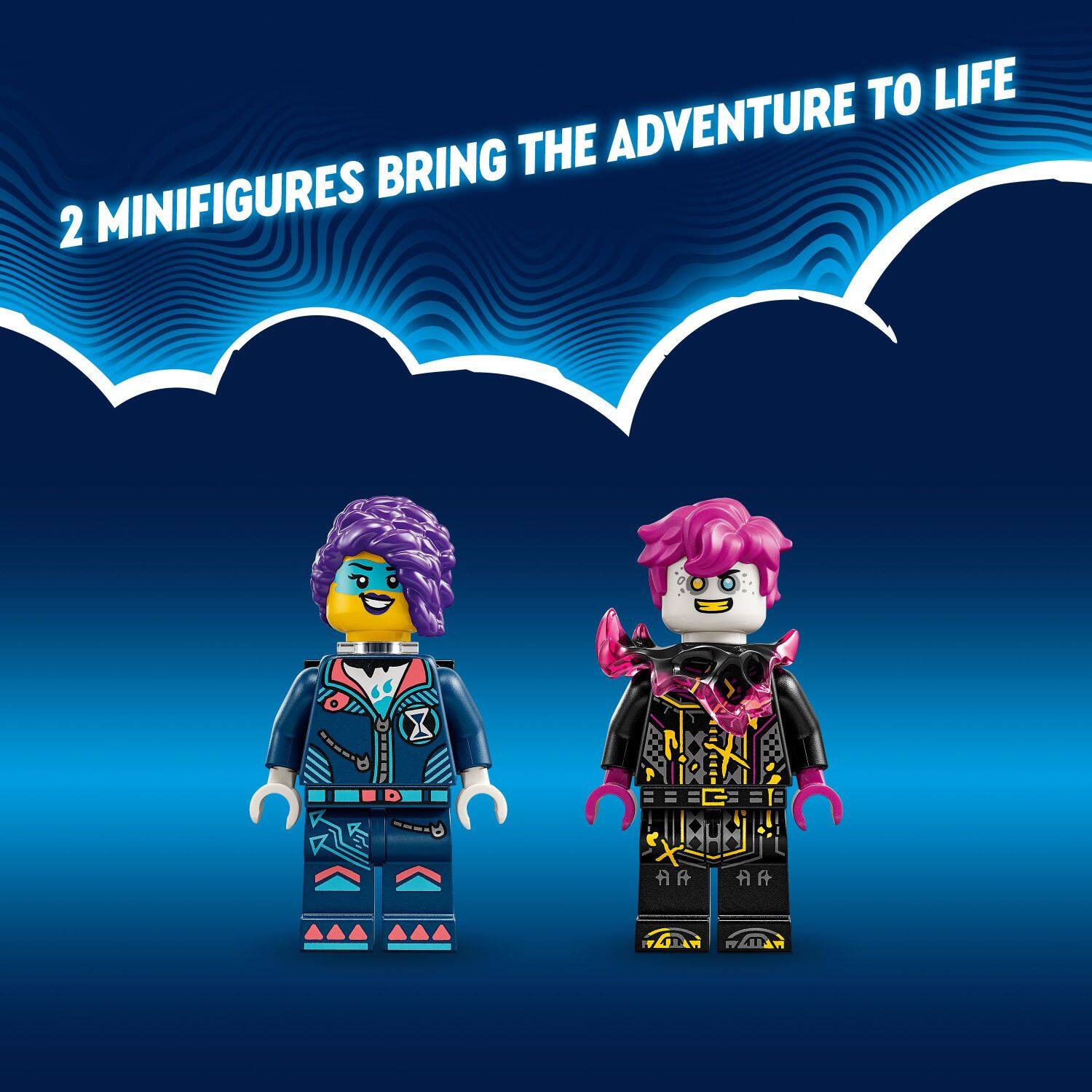 The text on the image reads, "2 MINIFIGURES BRING THE ADVENTURE TO LIFE."