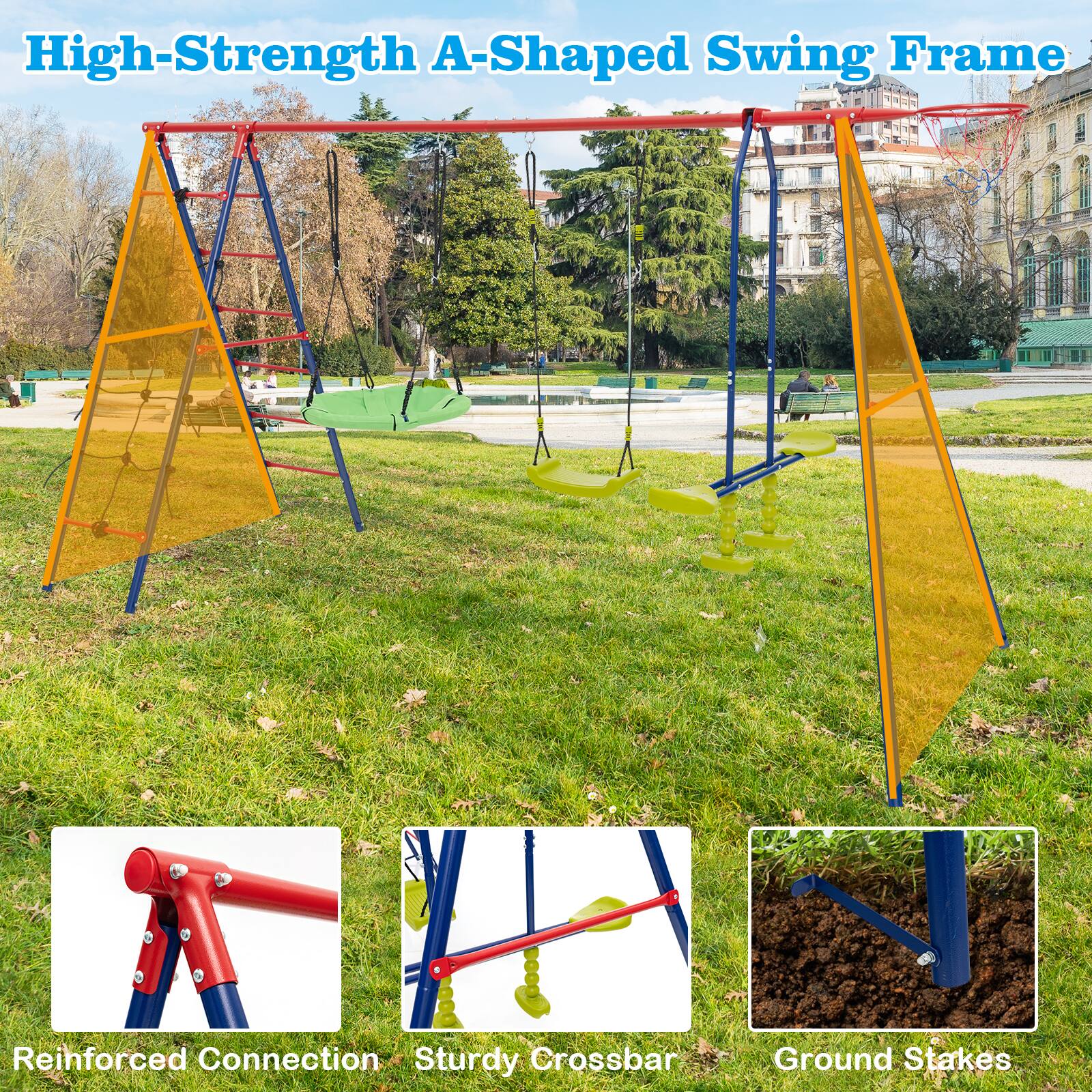 High-Strength A-Shaped Swing Frame

- Reinforced Connection
- Sturdy Crossbar
- Ground Stakes