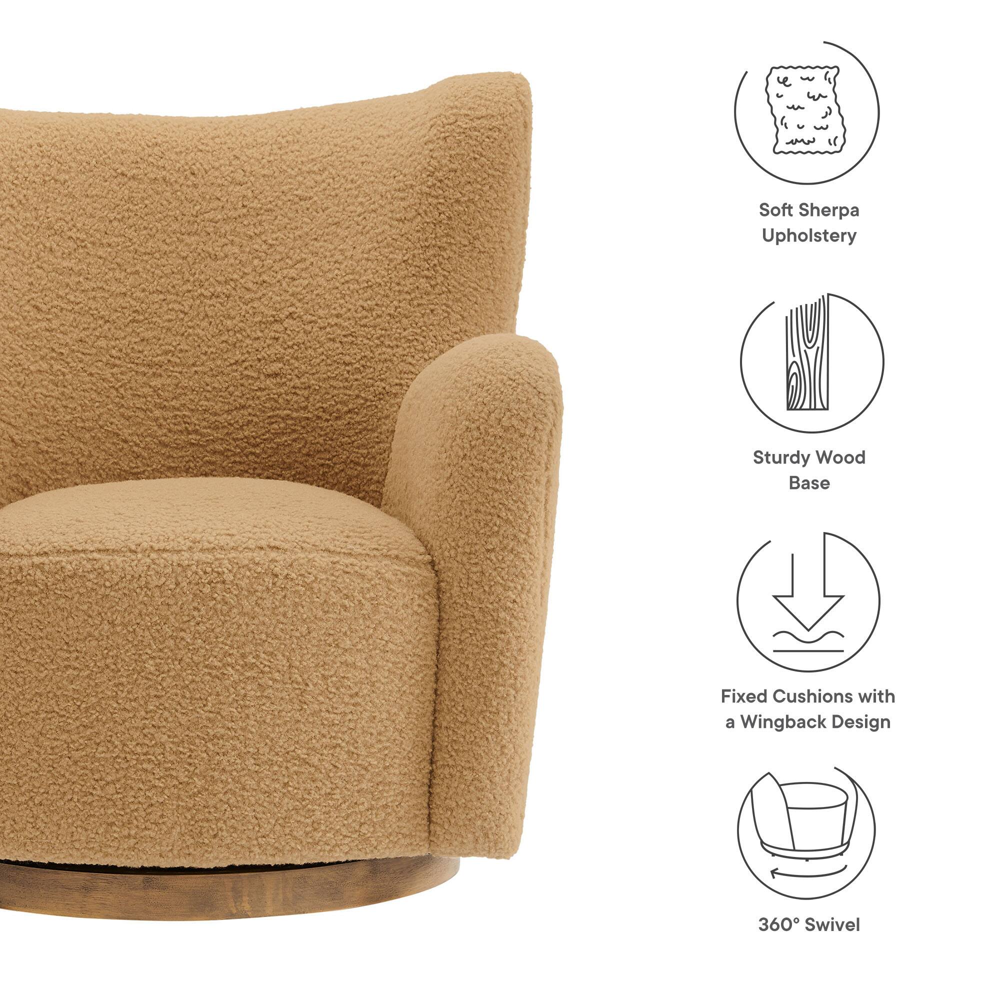 - Soft Sherpa Upholstery
- Sturdy Wood Base
- Fixed Cushions with a Wingback Design
- 360° Swivel