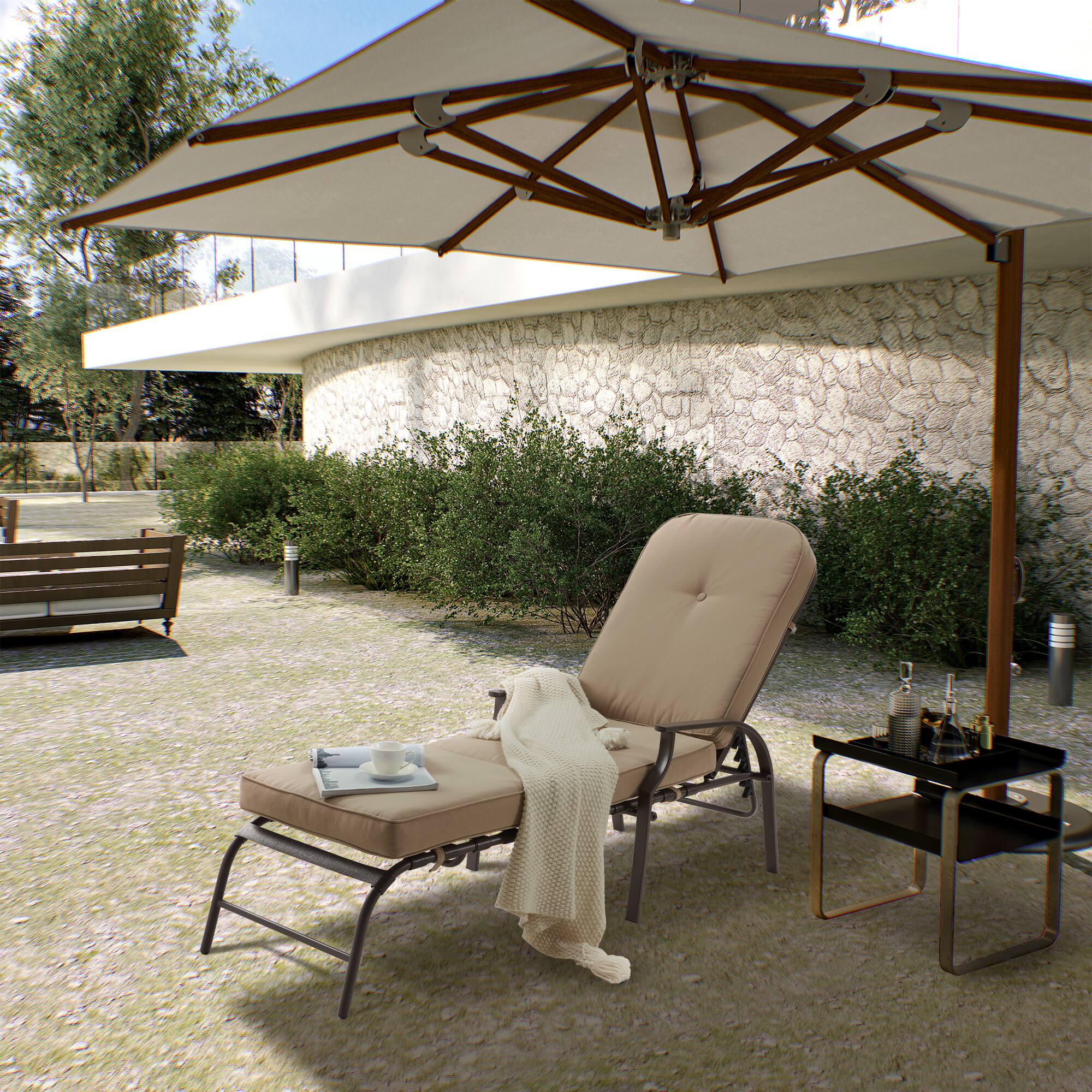 Left. Mondawe - Adjustable Outdoor Chaise Lounge with Armrest and Cushion - Beige.