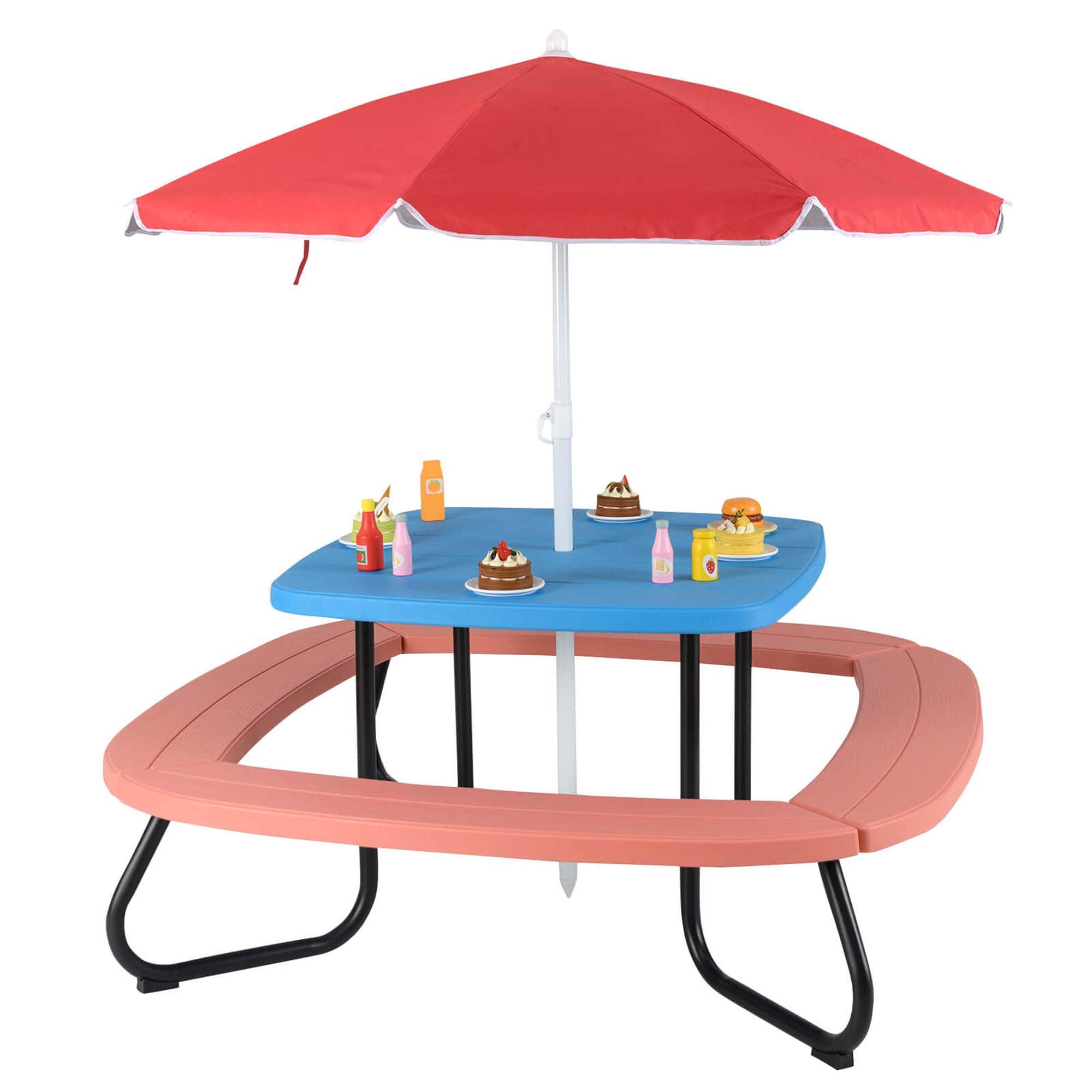 Costway - Kids Picnic Table Outdoor Activity Table with Adjustable & Collapsible Umbrella - Blue