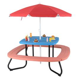 Costway - Kids Picnic Table Outdoor Activity Table with Adjustable & Collapsible Umbrella - Blue