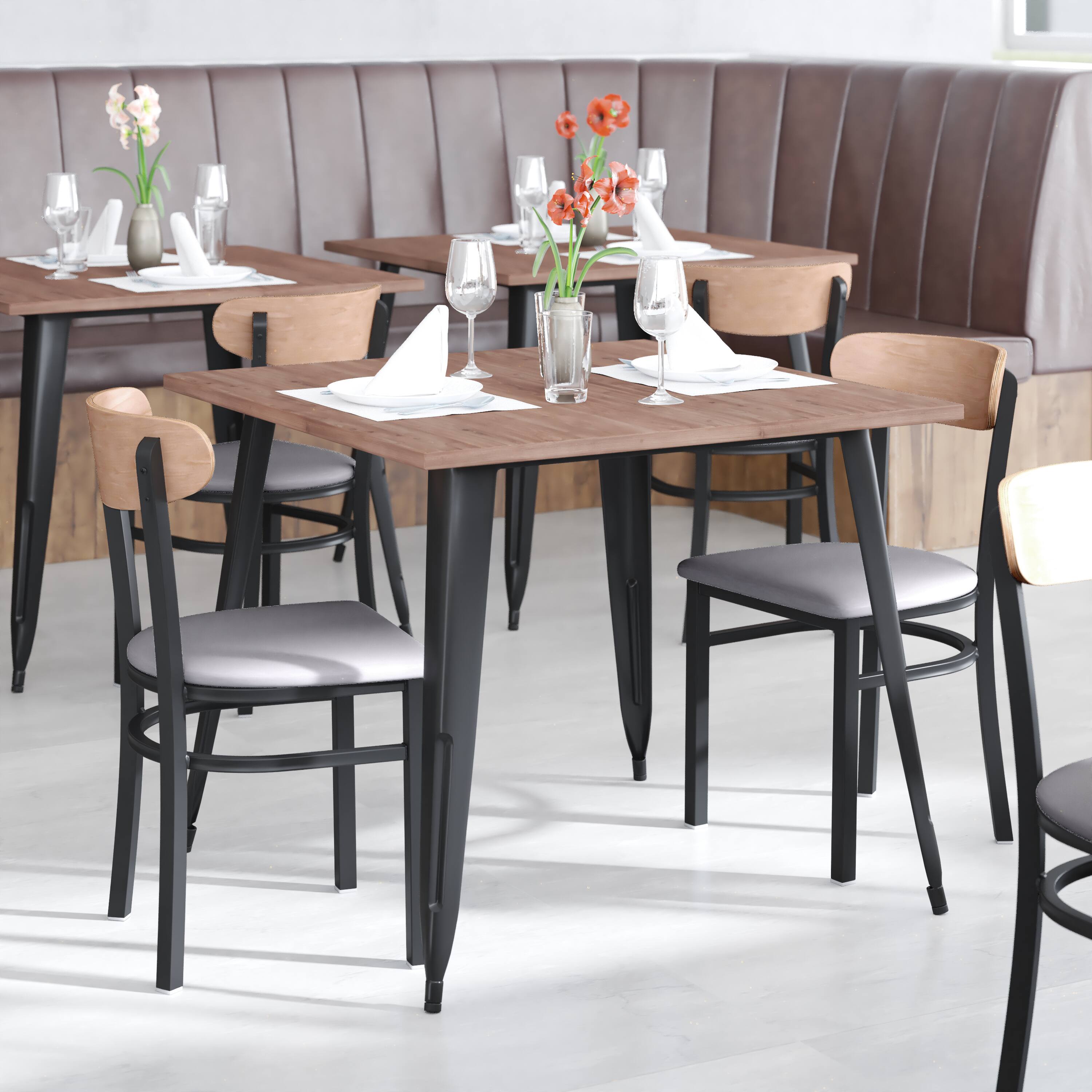 Alt View 4. Emma + Oliver - Yara Industrial Dining Chair with Rolled Steel Frame and Solid Wood Seat - 500 lbs. Static Weight Capacity - Natural Birch Wood Back/Gray Vinyl Seat.