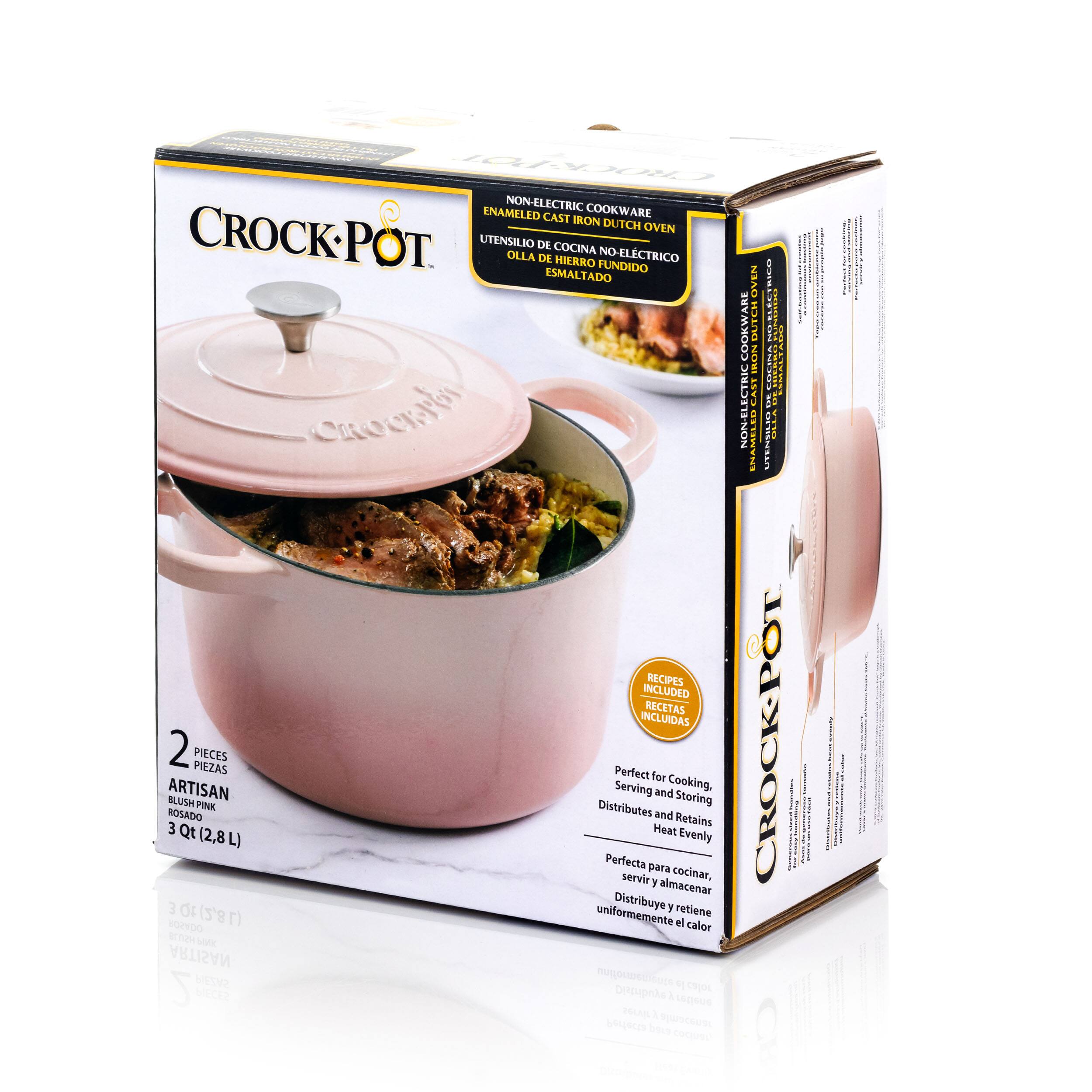 The text on the image reads: "Crock-Pot Non-Electric Cookware Enamelled Cast Iron Dutch Oven 2.8L (2 Qt) 3 Pieces Pine (2,8 L) Distributes Perfectly for Heat and Evenly Storing. Retains Evenly. Includes Recipes. Artisan Rosado Blush."
