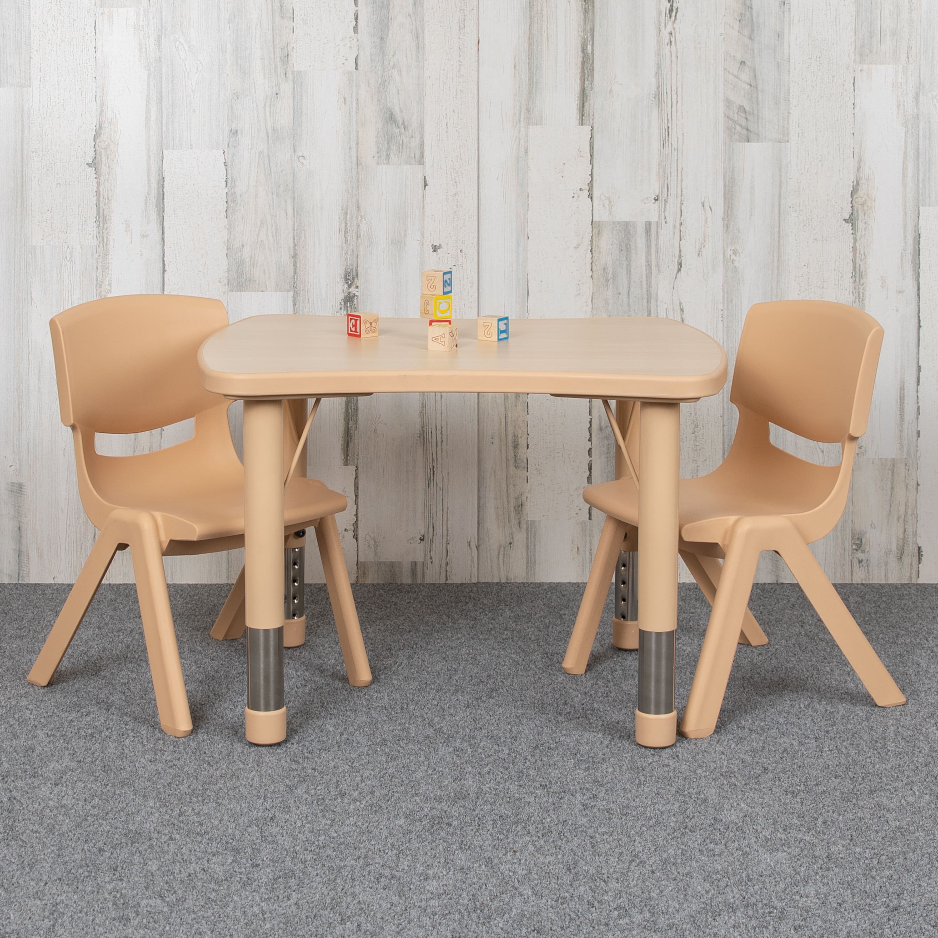 "Emma + Oliver - 21.875""W x 26.625""L Rectangular Plastic Height Adjustable Activity Table Set with 2 Chairs - Natural" price history on PriceWatchPro