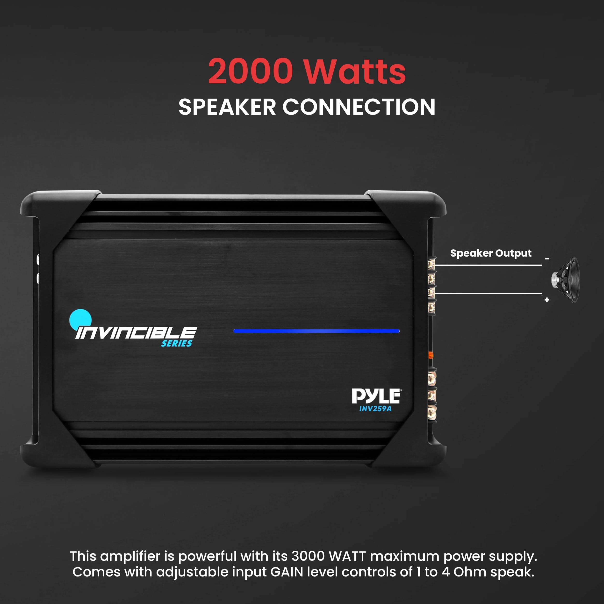 2000 Watts SPEAKER CONNECTION

Speaker Output

INVINCIBLE SERIES PYLE INV259A

This amplifier is powerful with its 3000 WATT maximum power supply. Comes with adjustable input GAIN level controls of 1 to 4 Ohm speak.