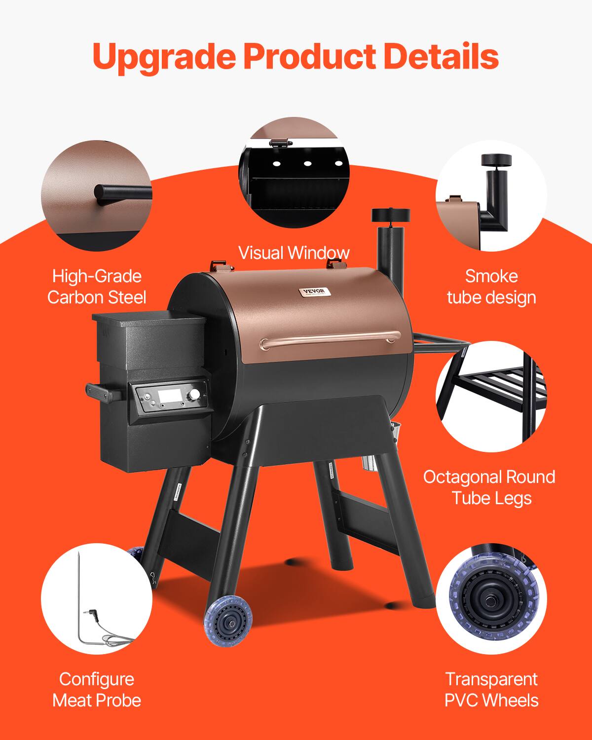 Upgrade Product Details

- High-Grade Carbon Steel
- Visual Window
- Smoke tube design
- Octagonal Round Tube Legs
- Configure Meat Probe
- Transparent PVC Wheels