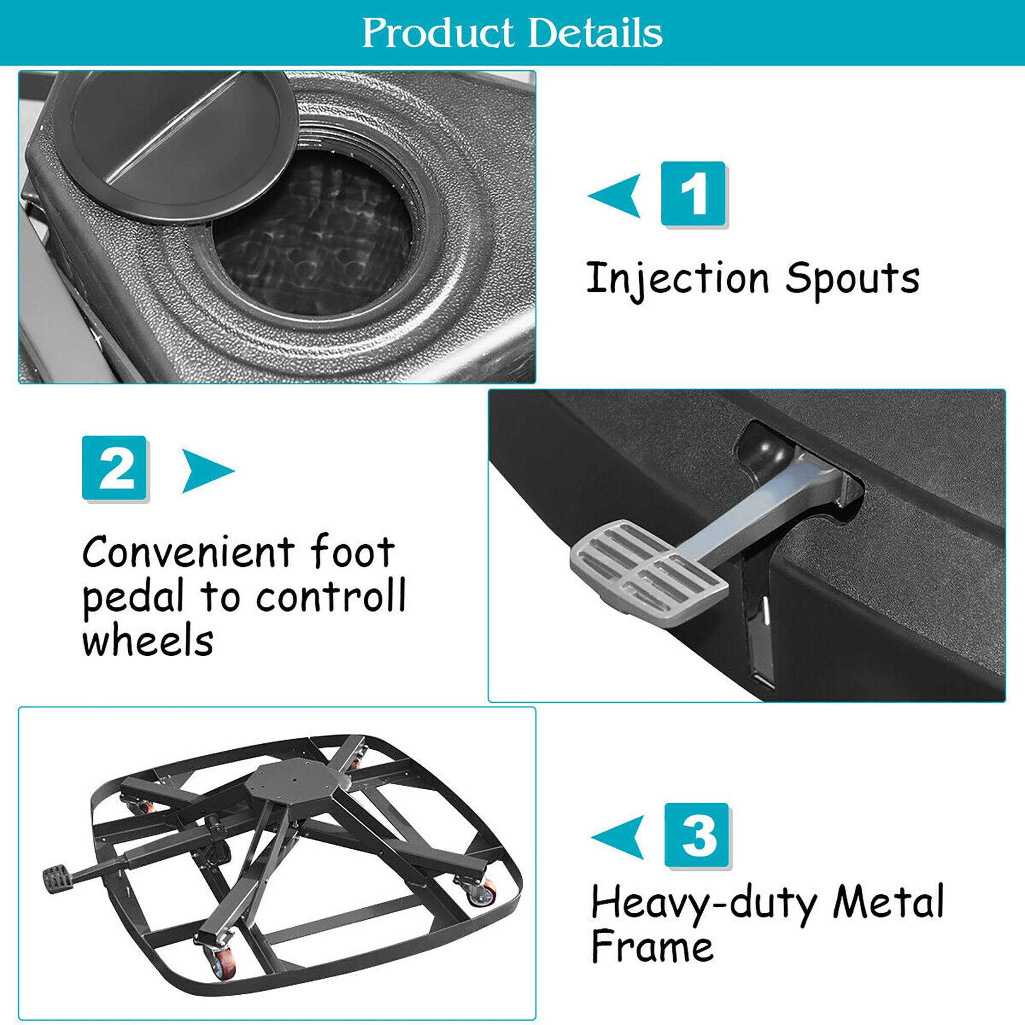 Product Details:

1. Injection Spouts
2. Convenient foot pedal to control wheels
3. Heavy-duty Metal Frame