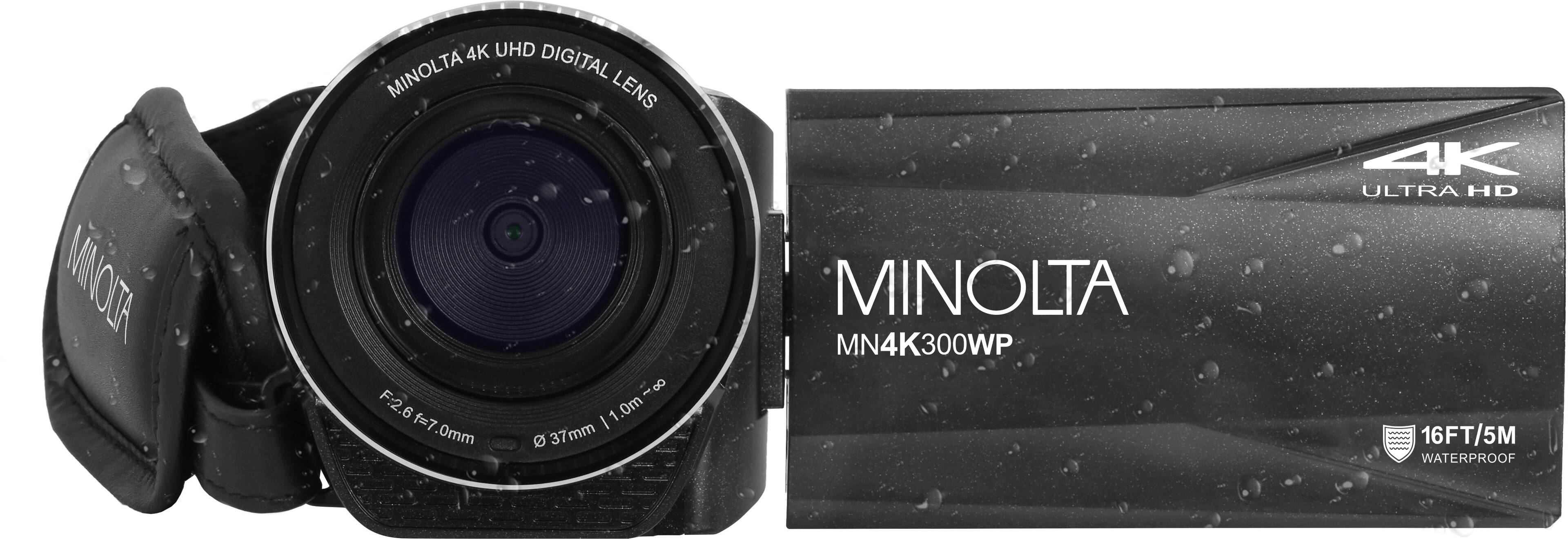 The text on the image reads: "MINOTA 4K UHD MINOLTA DIGITAL LENS 8 F:2.6f=7.0mm F:2.6 6 f=7 I 1.0m~ 1 1.0m 0mm 37mm MINOLTA MN4 MN4K300WP 4K ULTRA HD - ... 16FT/5M ! WATERPROOF."