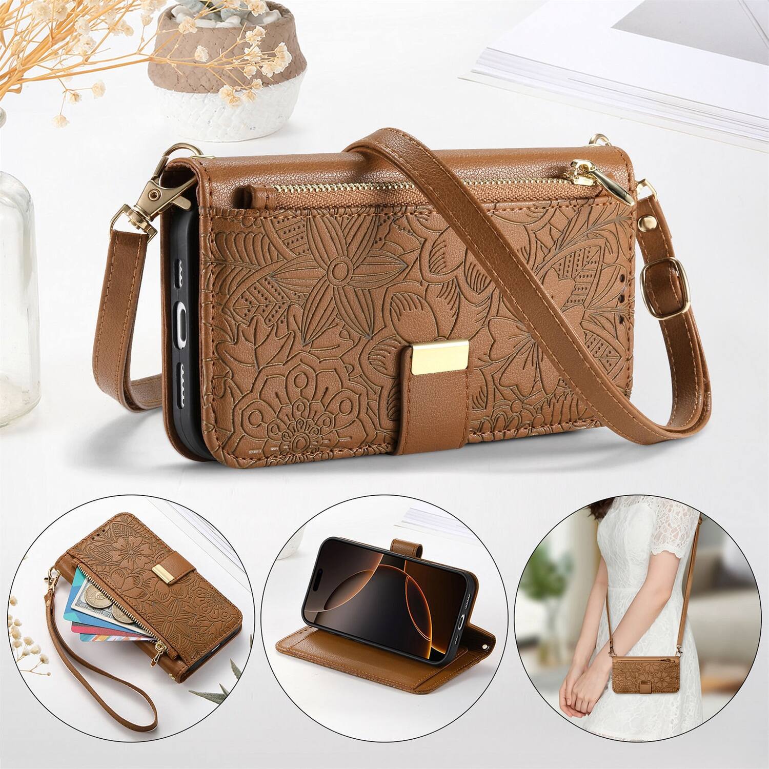 Alt View 8. Dteck - Floral Embossed Leather Zipper Cash Slot Wallet Case for Apple iPhone 16 Plus with Detachable Strap - Brown.