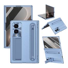 Dteck - Case For Samsung Galaxy Z Fold8, Luxury Plate Rugged Kickstand Hinge Protection Cover with Front Screen Film+Stylus - Blue