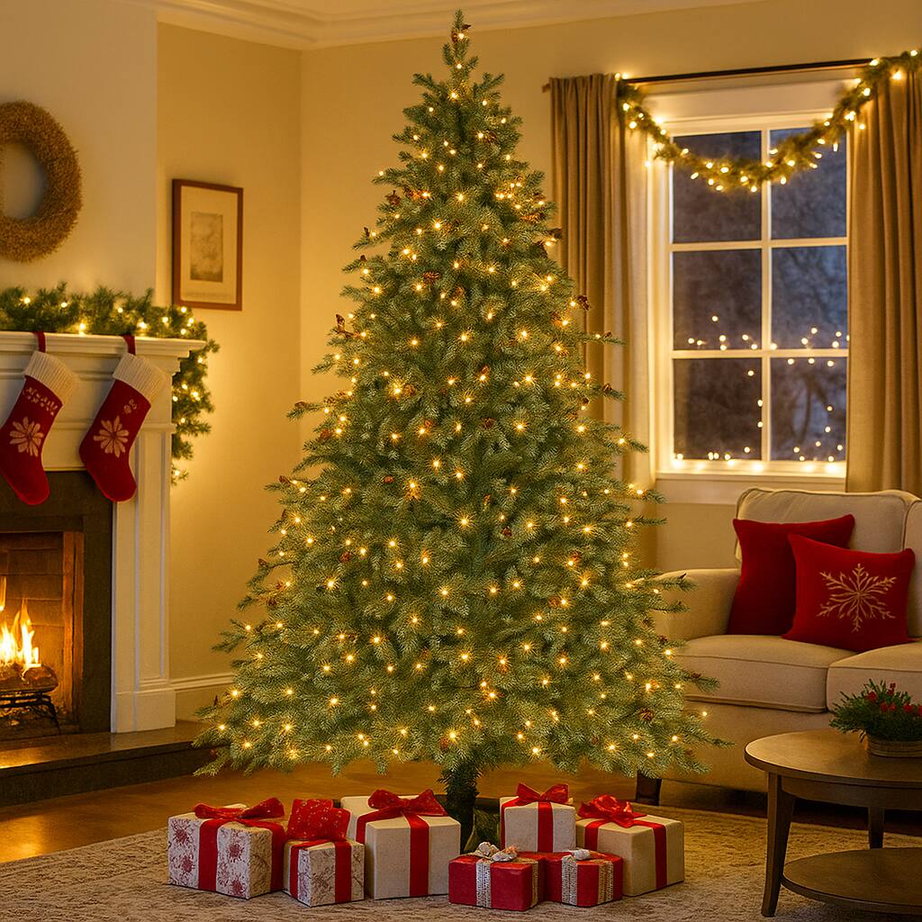 Angle. BreeBe - Artificial Xmas Tree with Pine Cones and LED Lights – 6/7/8 FT Sizes - Green.