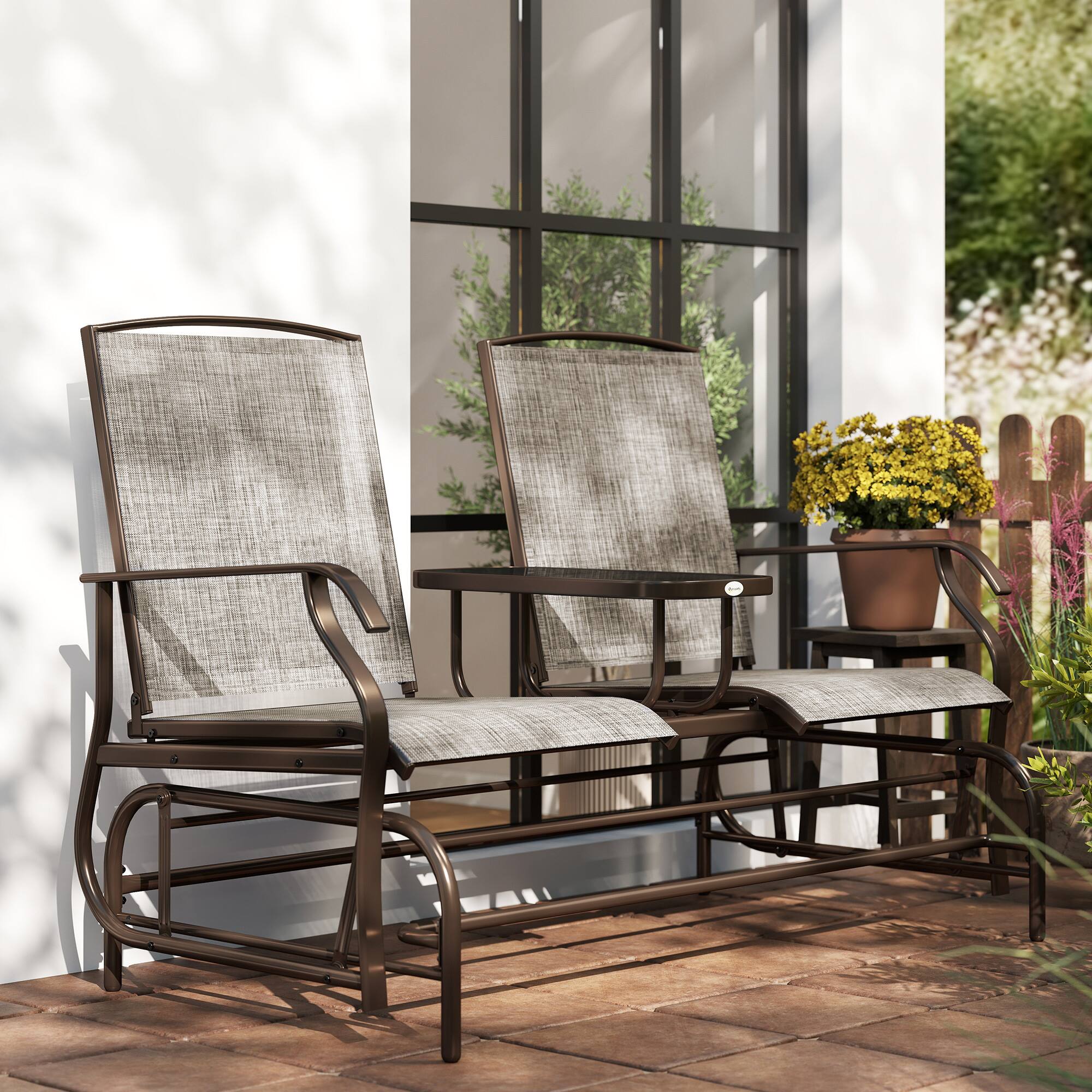 Alt View 8. Outsunny - Outdoor Glider Bench w/ Center Table - Brown.